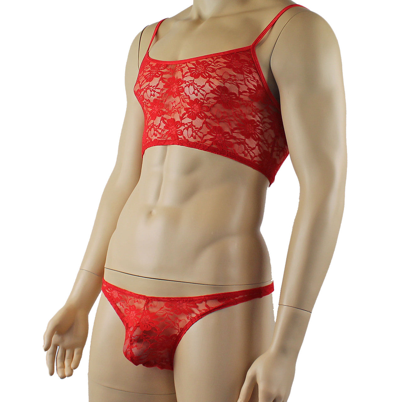 Mens Sexy Lace Crop Top Bra and Matching Lace Thong Red