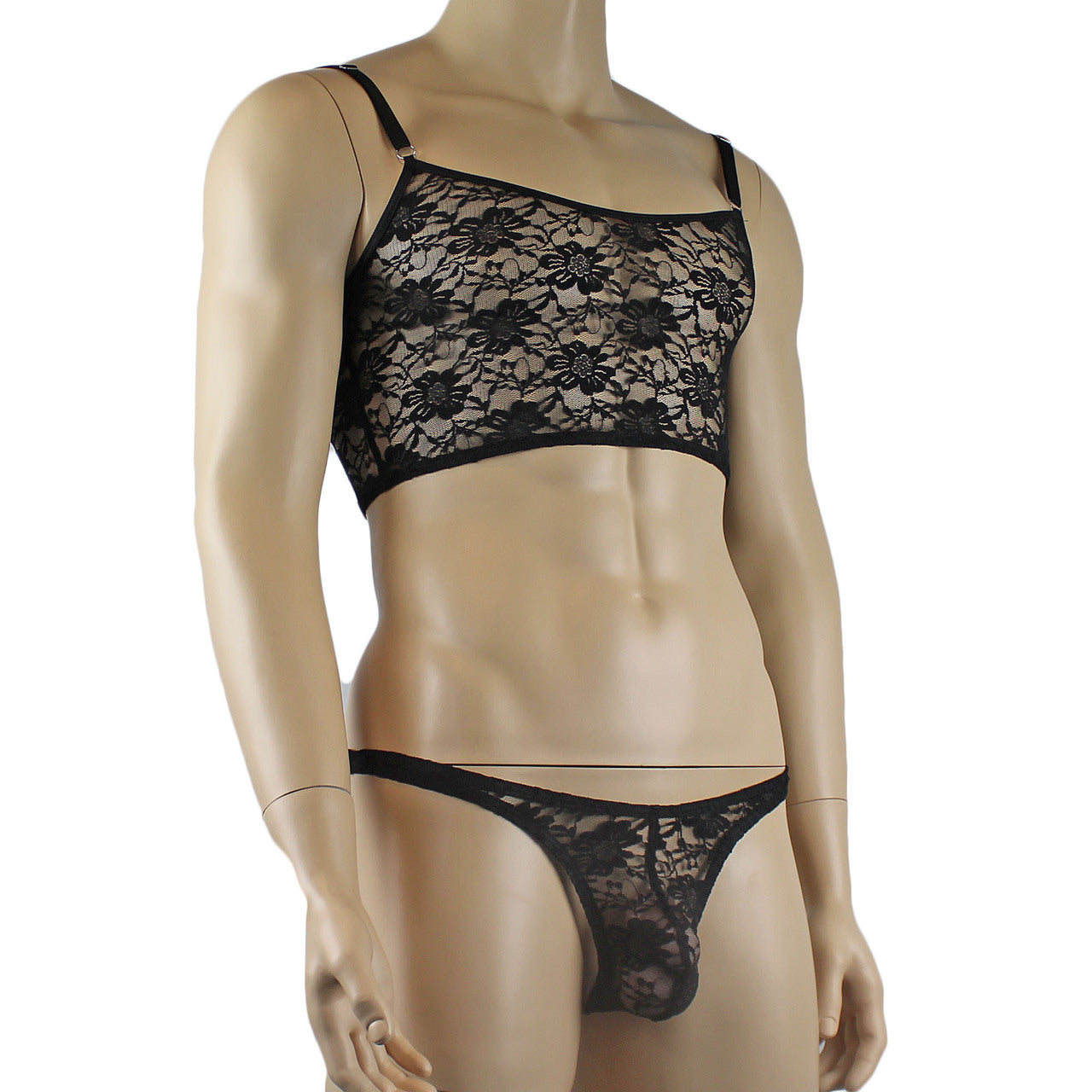 Mens Sexy Lace Crop Top Bra and Matching Lace Thong Black
