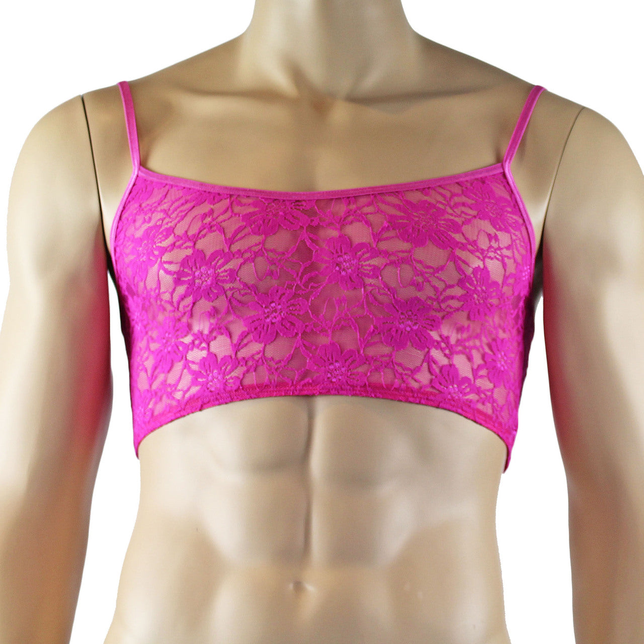 Mens Sexy Lace Crop Bra Top Camisole and Male Lingerie Panty Briefs Neon Pink