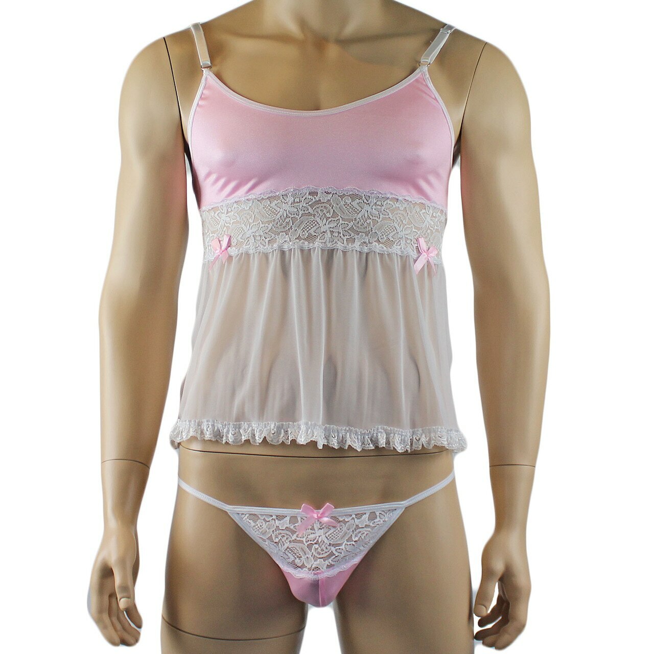 Mens Joanne Mini Babydoll Camisole & G string - Sizes up to 3XL Light Pink & White