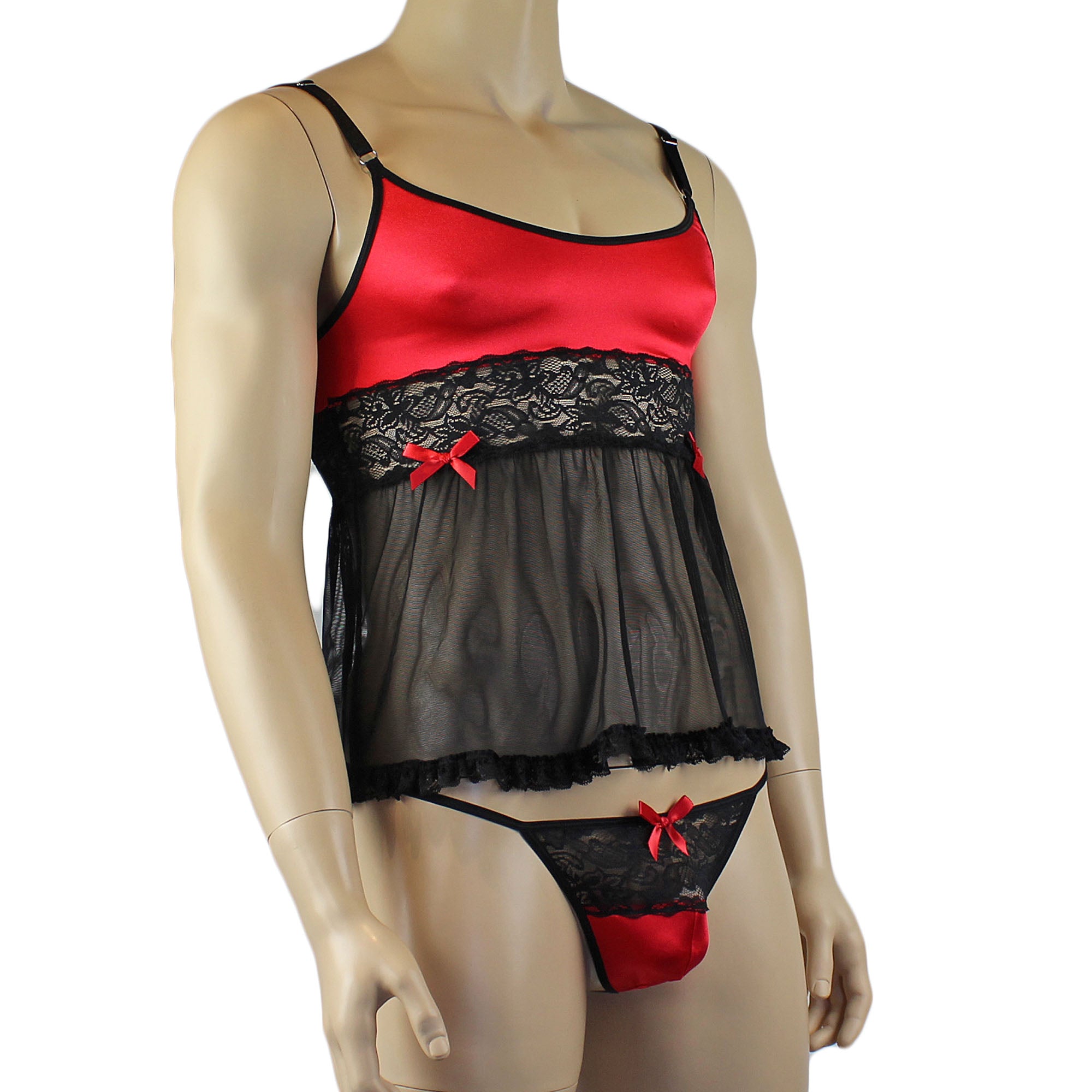 Mens Joanne Mini Babydoll Camisole & G string - Sizes up to 3XL Red and Black Lace