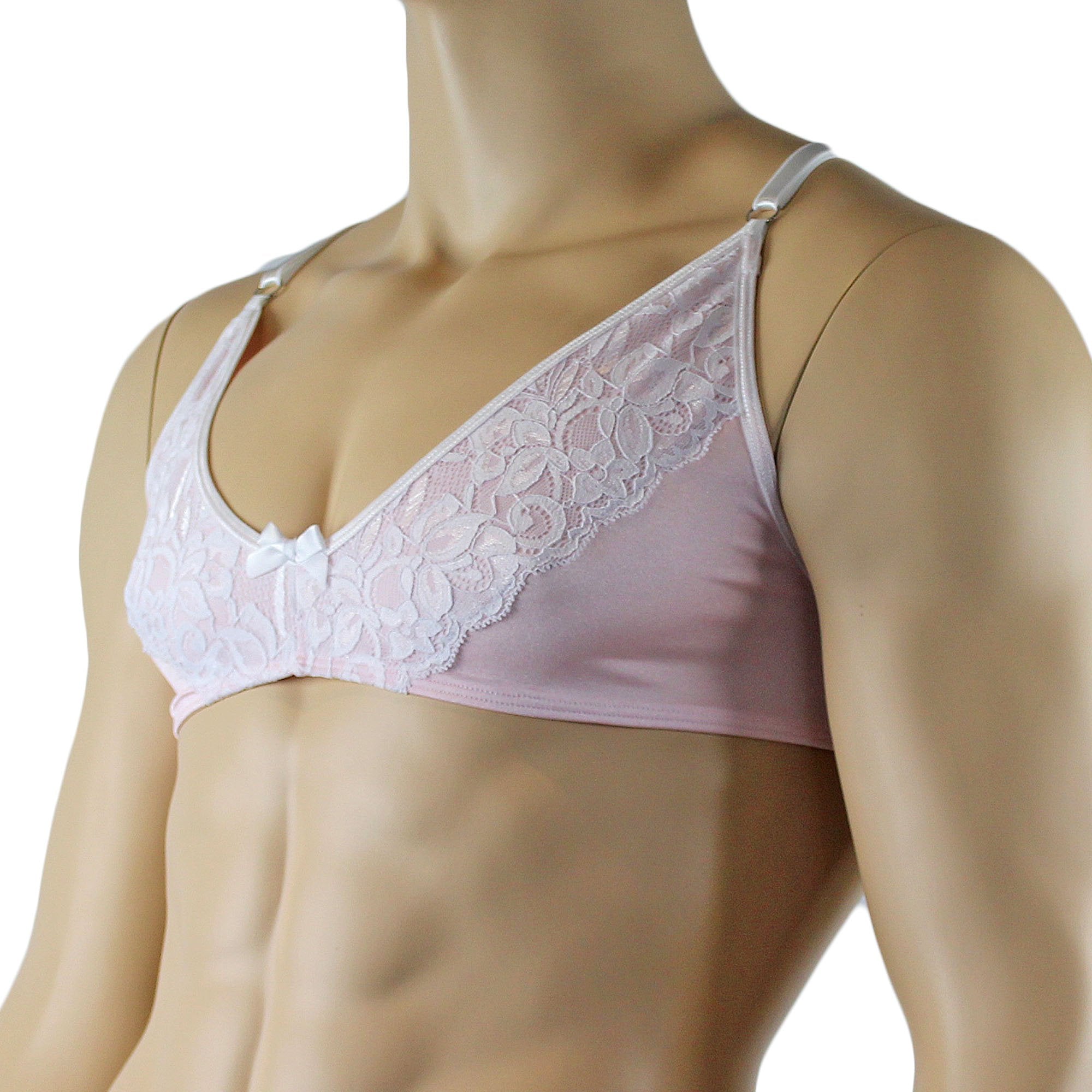 Mens Isabel Bra Top with Floral Lace Trim Male Lingerie Light Pink and White Lace