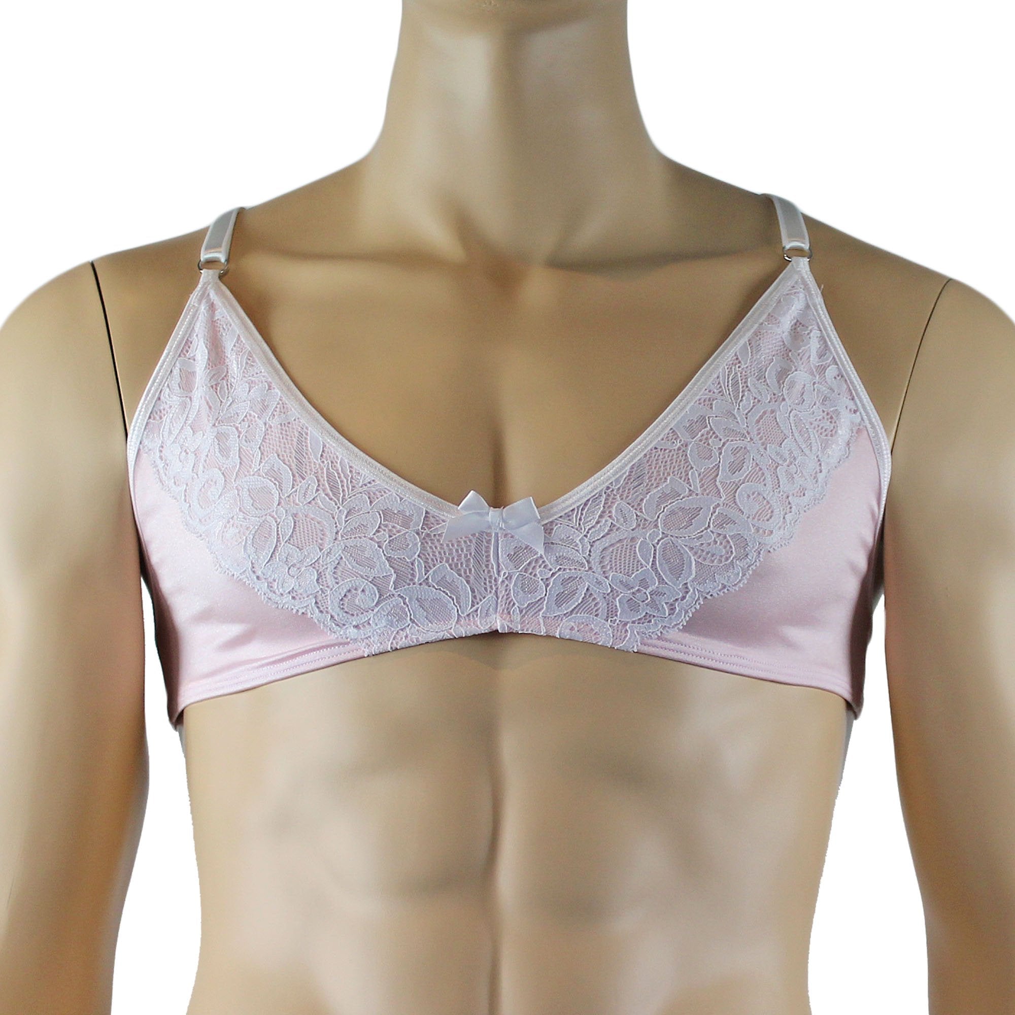 Mens Isabel Bra Top with Floral Lace Trim Male Lingerie Light Pink and White Lace