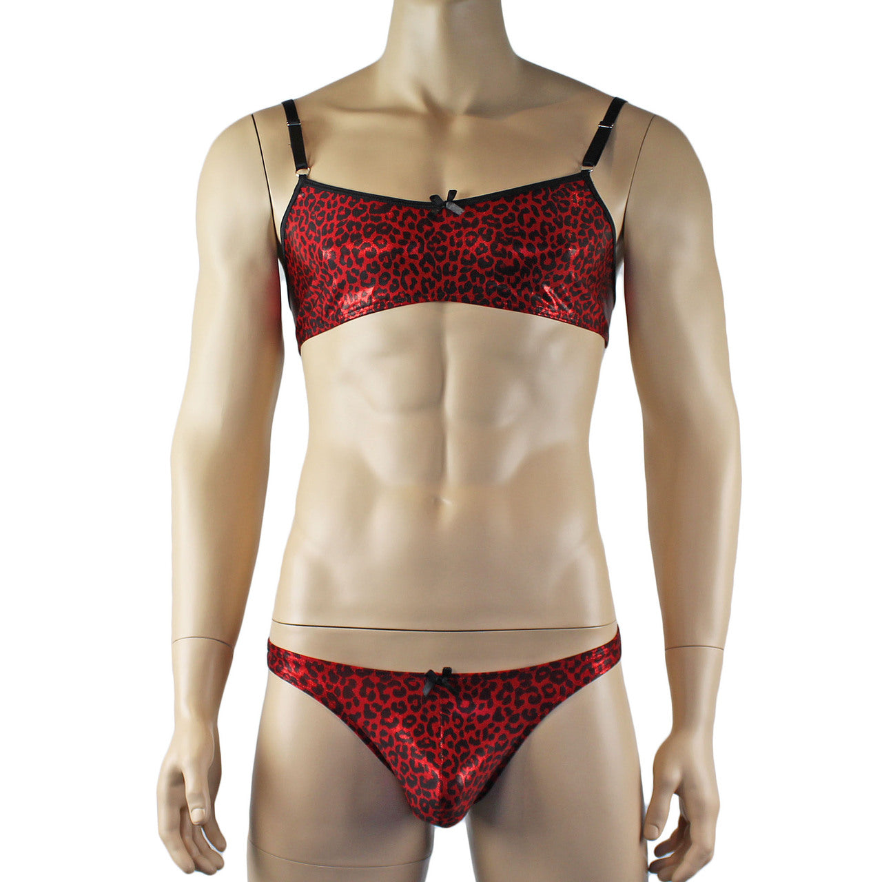 Mens Dazzle Animal Leopard Print Bra and Thong Set Red