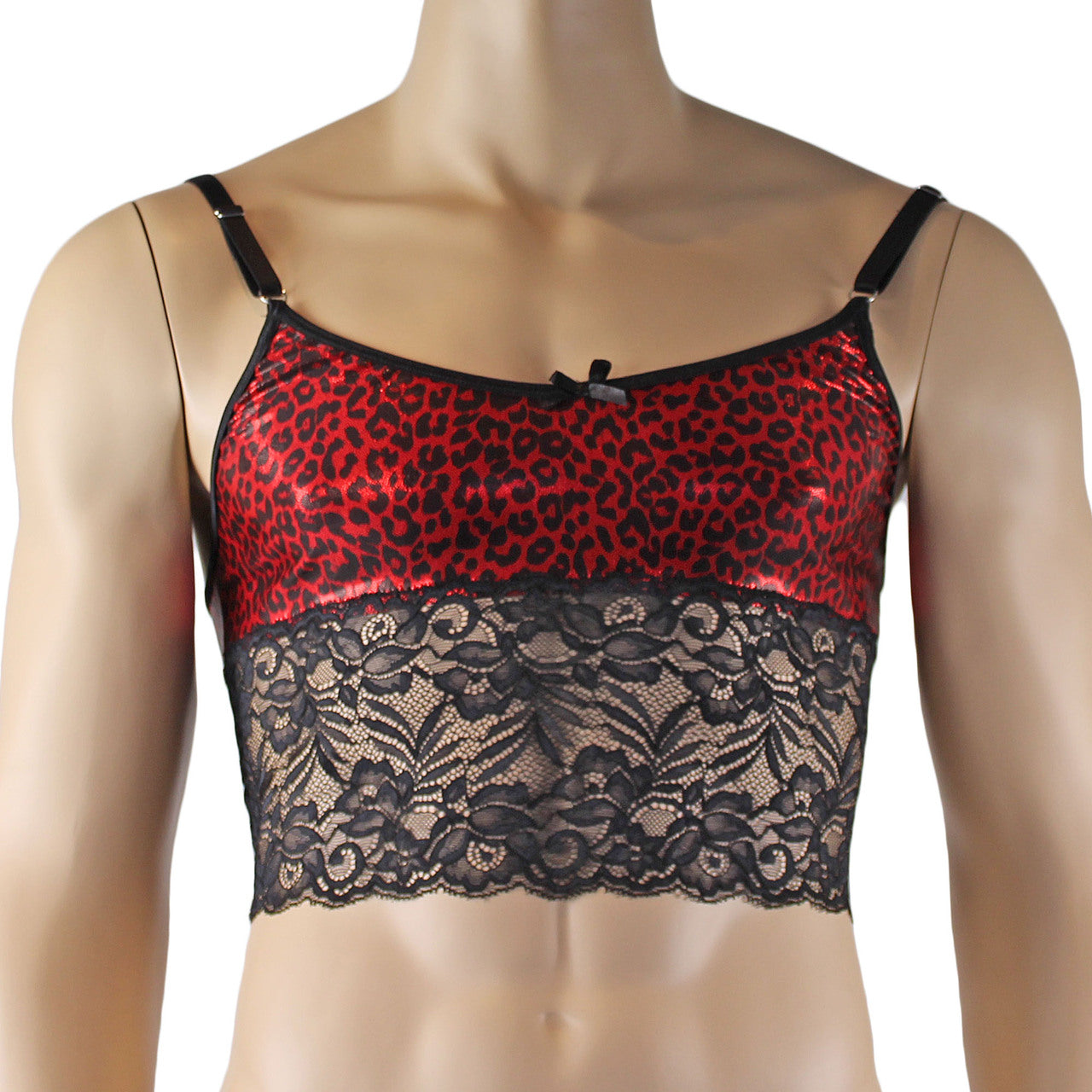 Mens Dazzle Animal Leopard Print Bra Top Camisole, G string, Garterbelt & Stockings Red