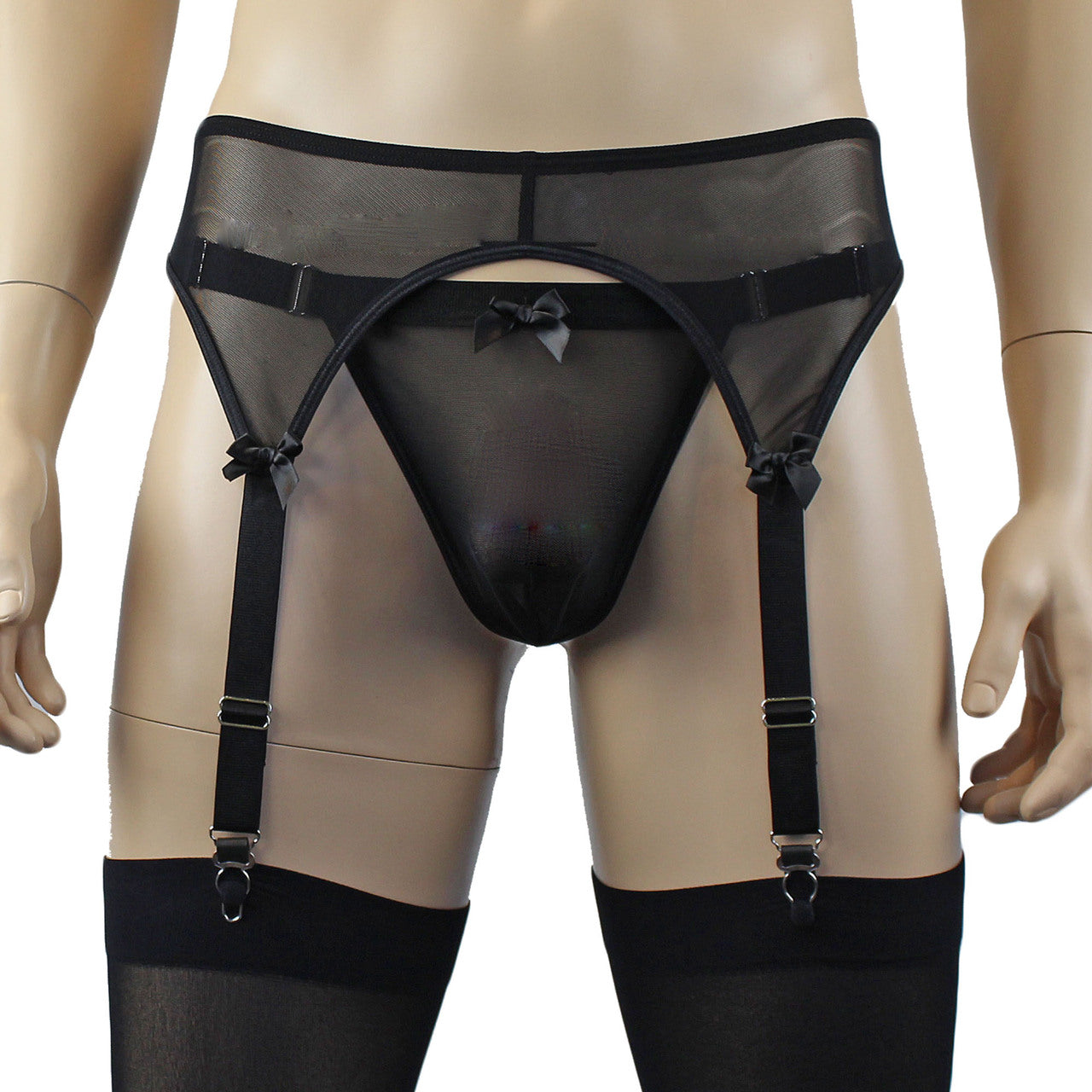 Mens Exotic Sheer Mesh Garterbelt & G string Black