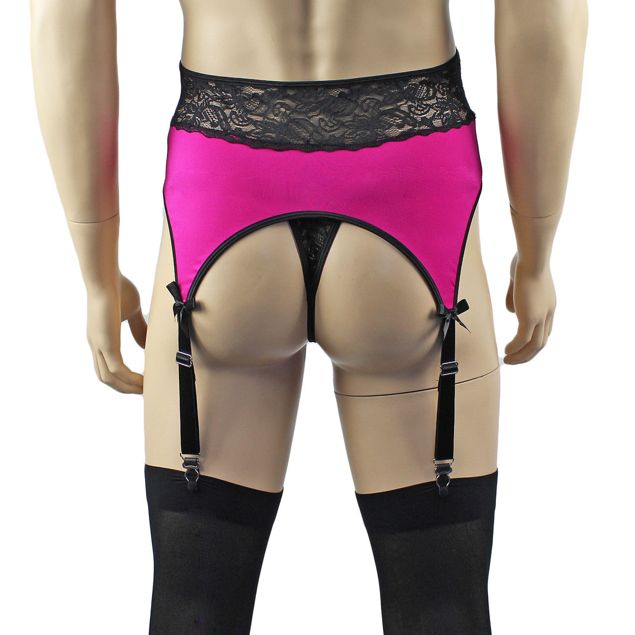 Mens Glamour Lycra & lace High Cut Garterbelt, G string & Stockings (raspberry plus other colours)