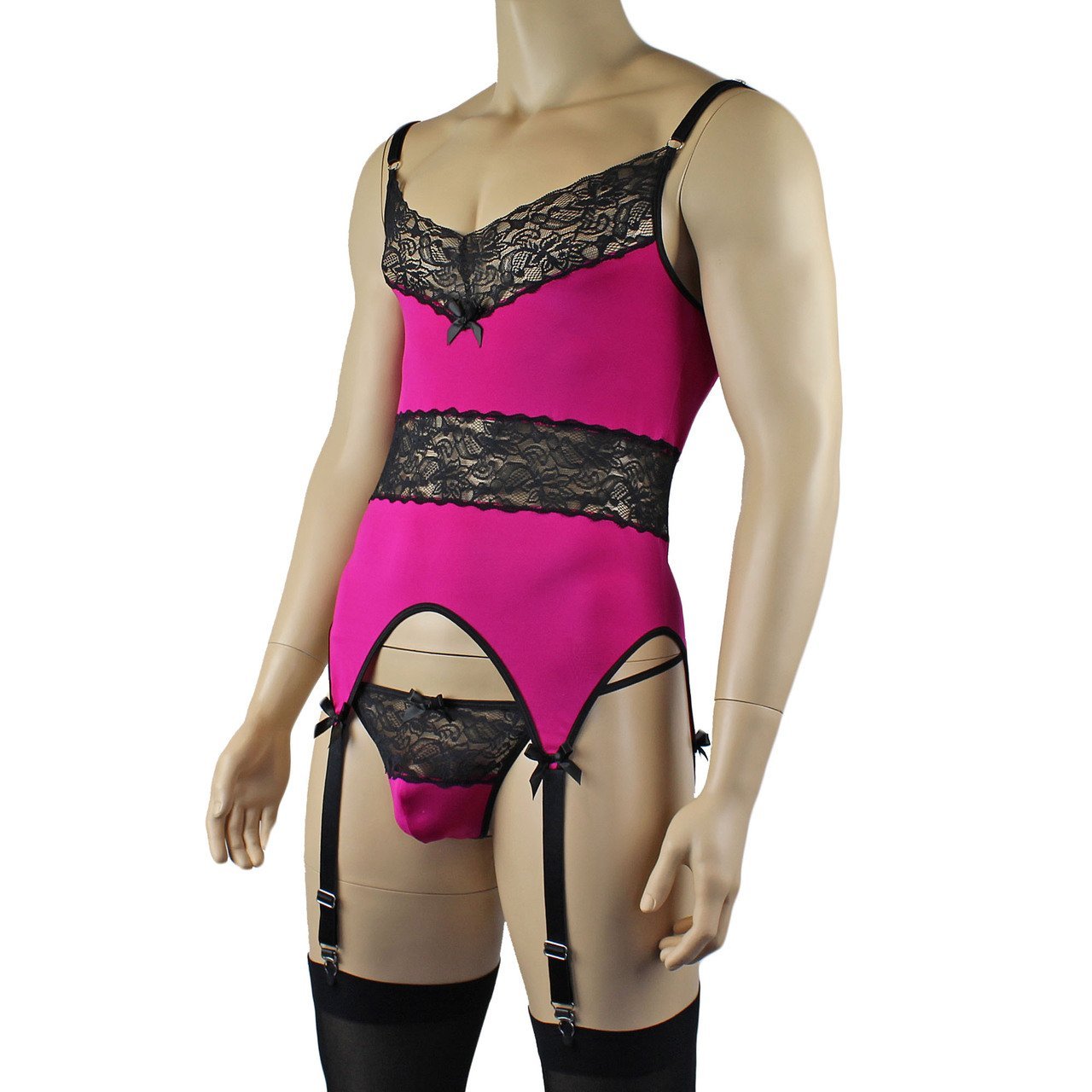 Mens Glamour Lycra & Lace Corset Top, G string & Stockings (raspberry plus other colours)