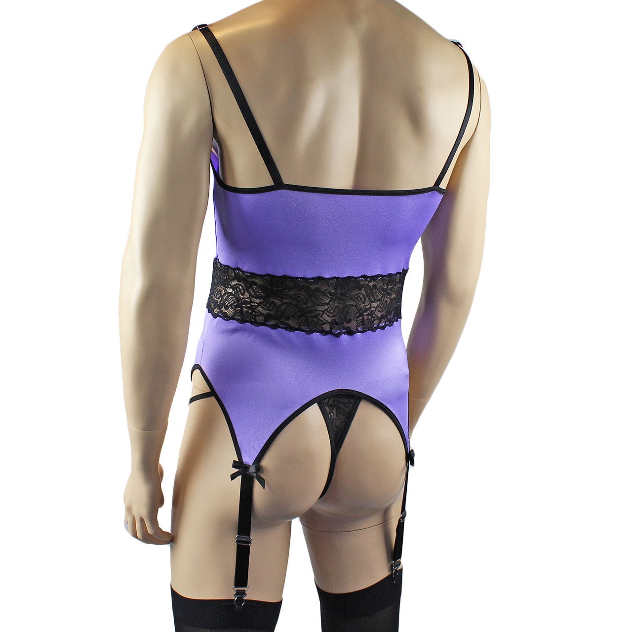 Mens Glamour Lycra & Lace Corset Top, G string & Stockings - Sizes up to 3XL (lilac plus other colours)