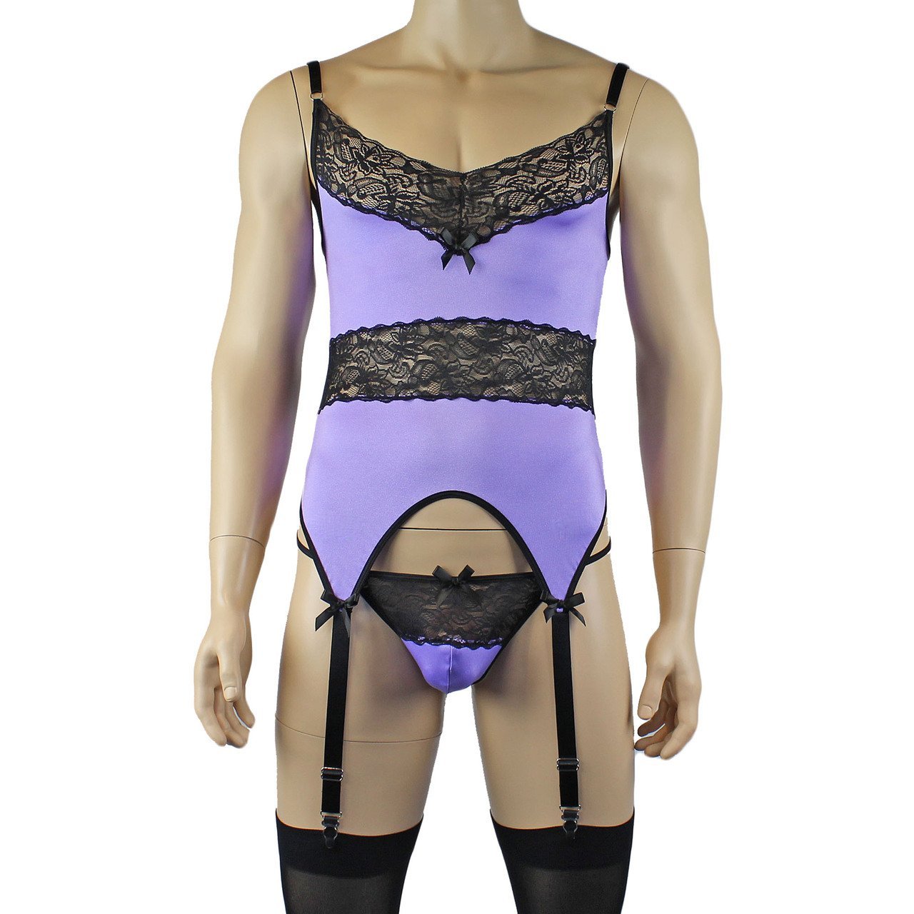 Mens Glamour Lycra & Lace Corset Top, G string & Stockings - Sizes up to 3XL (lilac plus other colours)