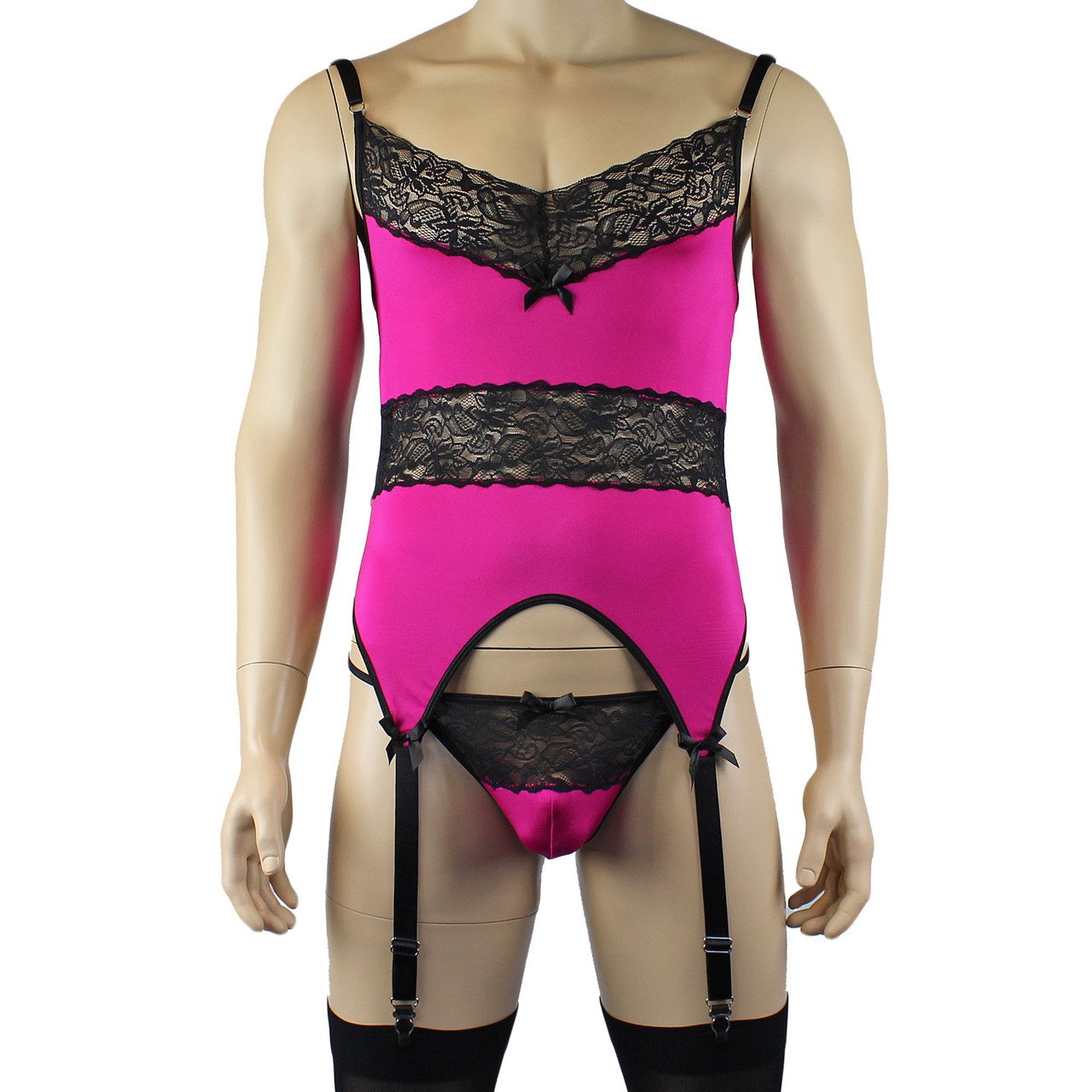 Mens Glamour Lycra & Lace Corset Top, G string & Stockings (raspberry plus other colours)