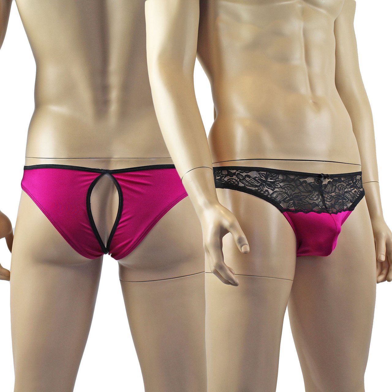 Mens Lace & Spandex OPEN BACK Capri Brief, Male Panties (raspberry plus other colours)