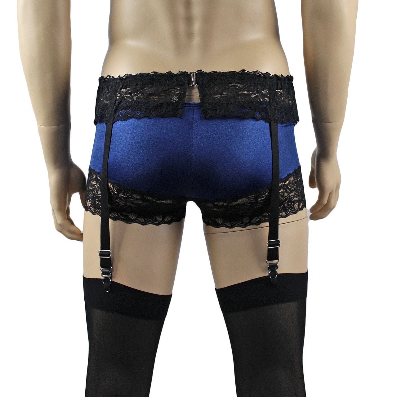 Mens Glamour Lycra & Lace Boxer Brief Shorts with Garterbelt & Stockings
