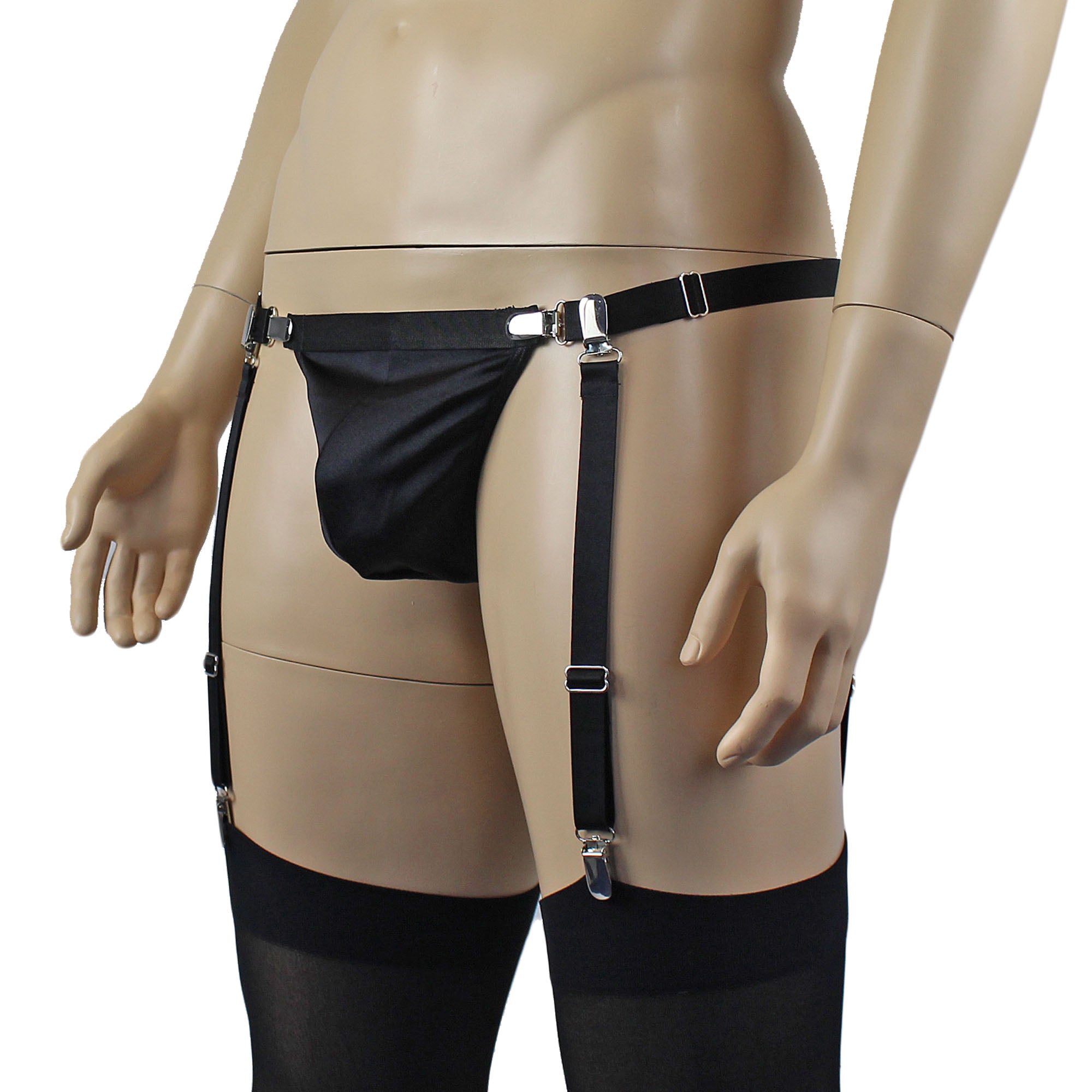 Mens Janice Thong with Adjustable Silver Clip Sides, Detachable Garters & Stockings Black