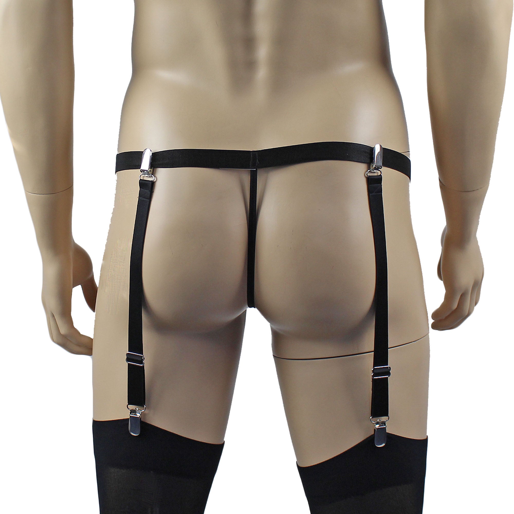 Mens Janice Thong with Adjustable Silver Clip Sides, Detachable Garters & Stockings Black