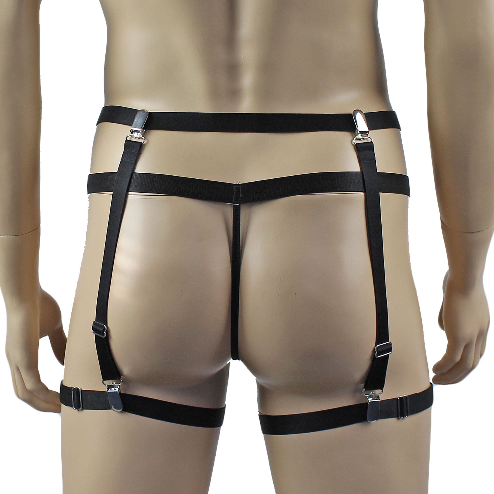 Mens Janice Thong with Adjustable Silver Clip Sides, Garterbelt & Leg Bands Black