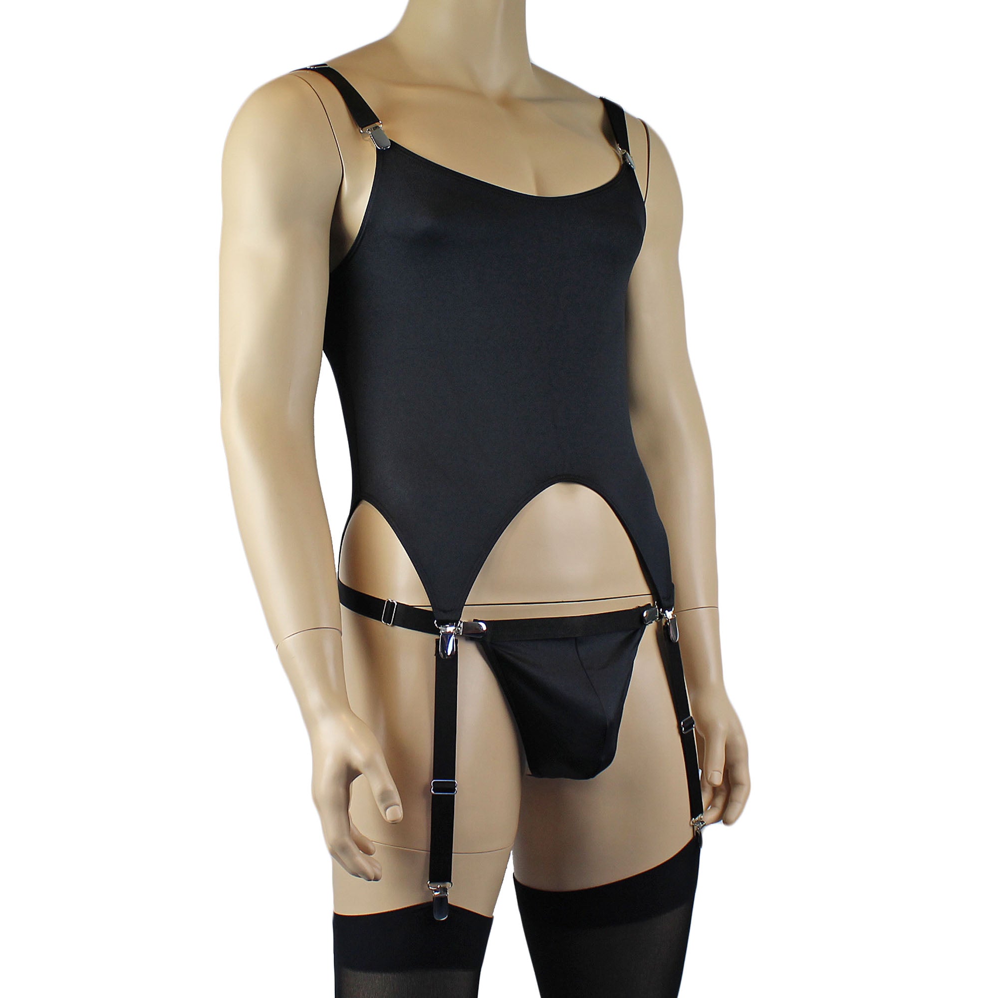 Mens Janice Corset Top, G string, Detachable Garters and Thigh High Stockings - Sizes up to 3XL