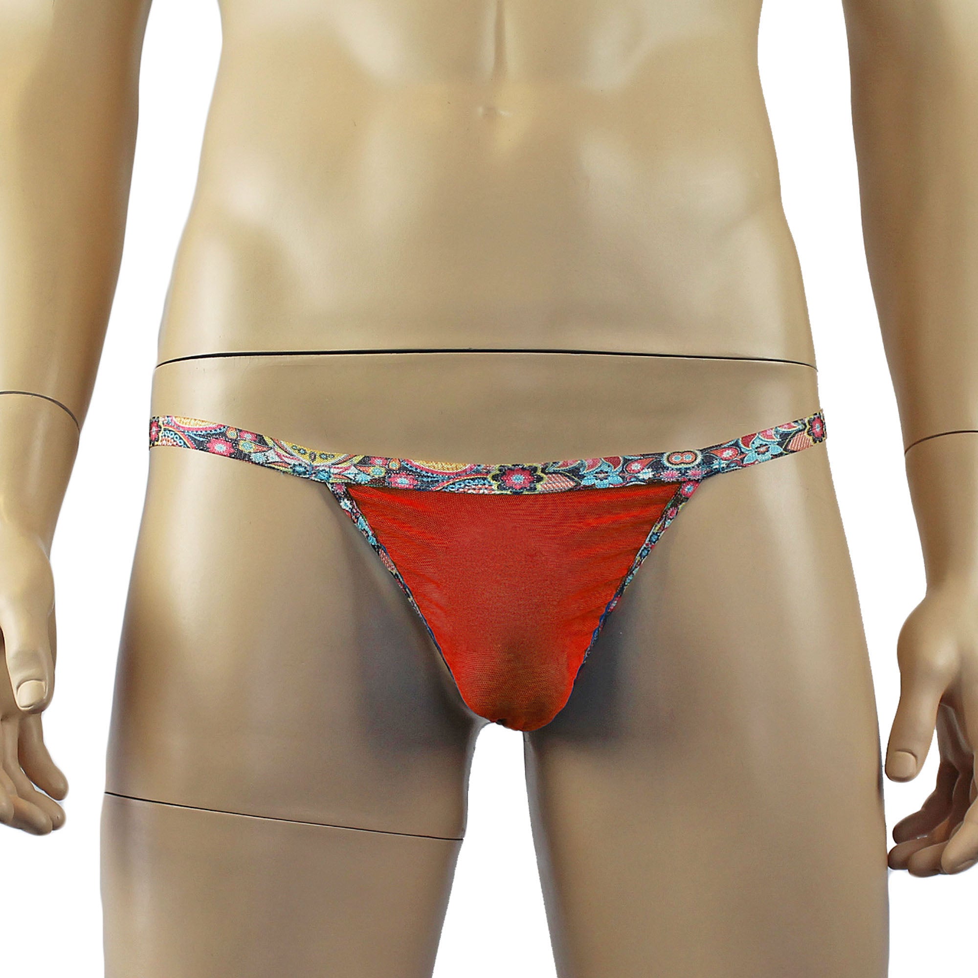 Mens Jaz See Through Mesh Pouch G string with Colourful Trim Red