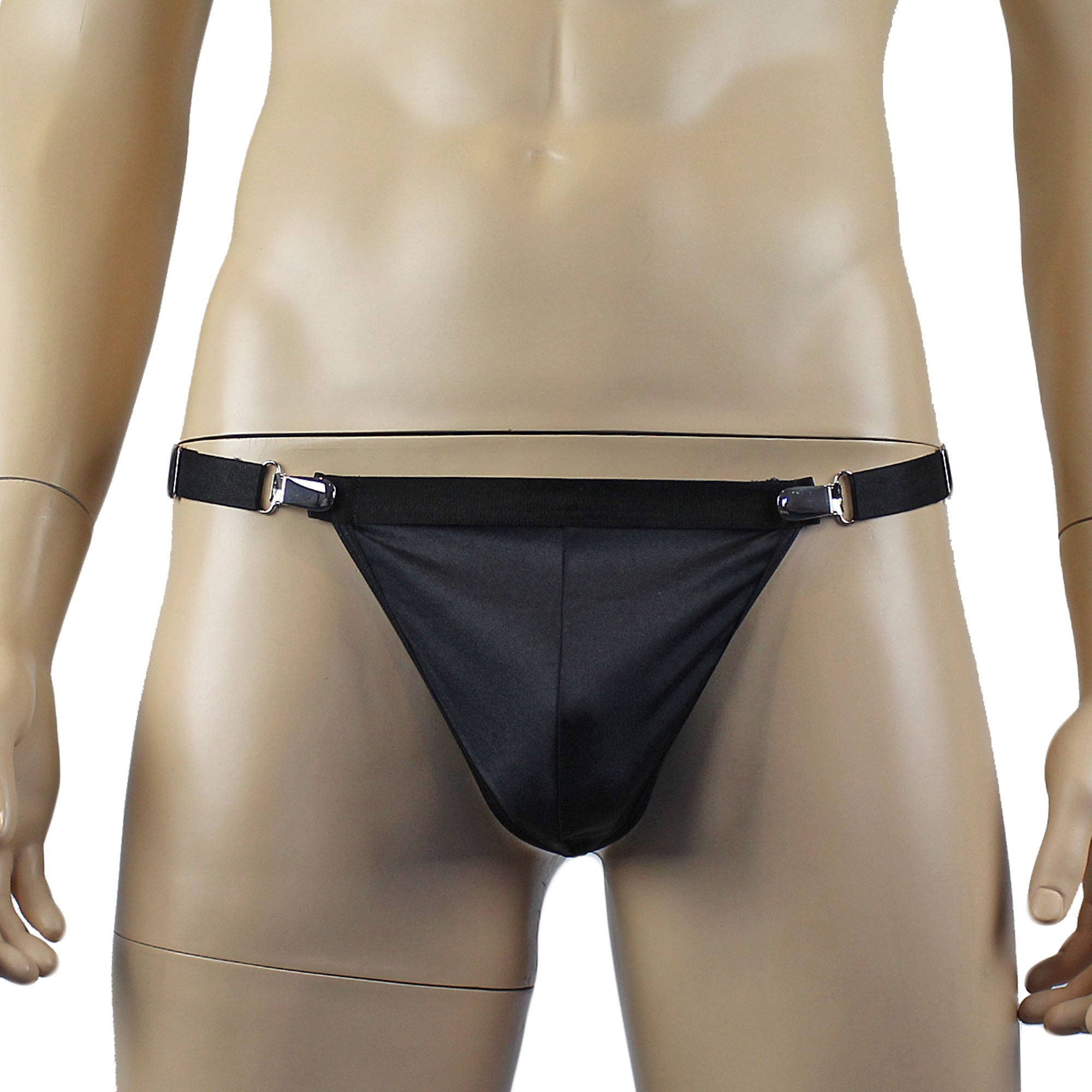 Mens Janice Thong with Adjustable Silver Clip Sides, Detachable Garters & Stockings Black