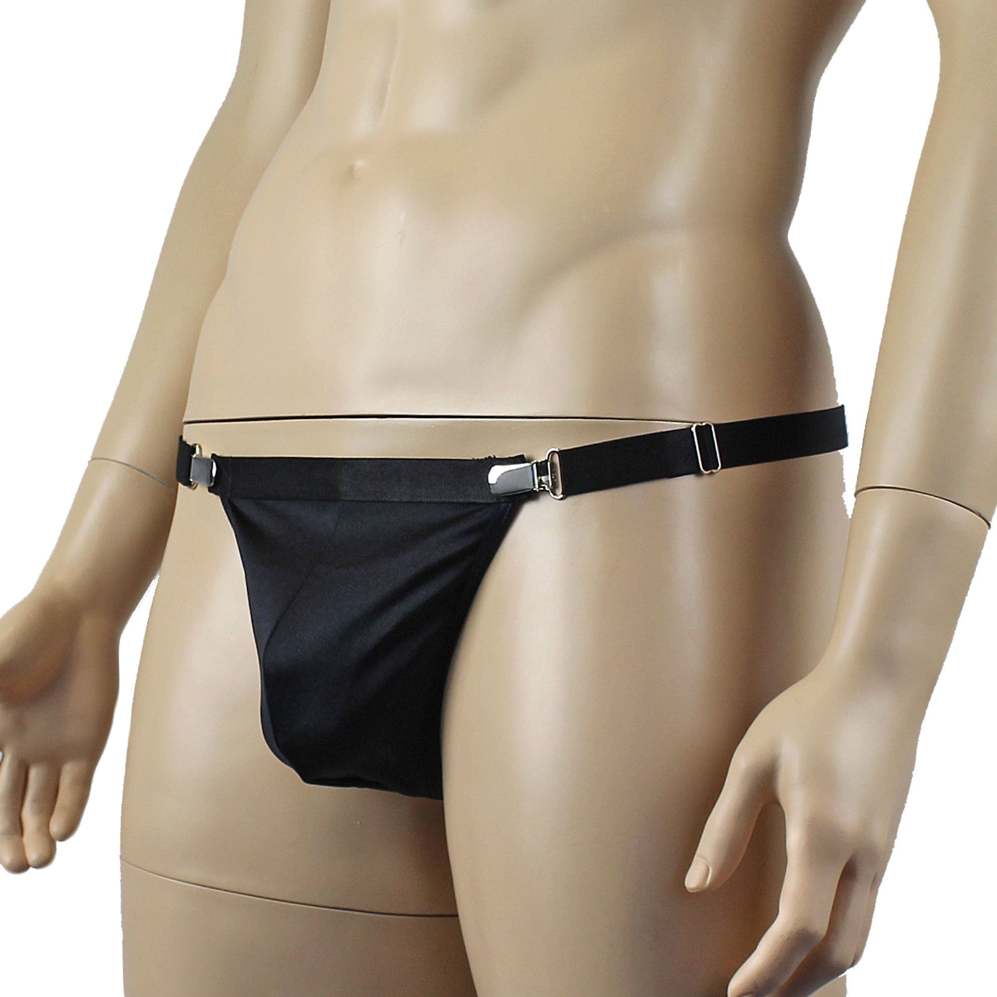 Mens Janice Thong with Adjustable Silver Clip Sides, Detachable Garters & Stockings Black