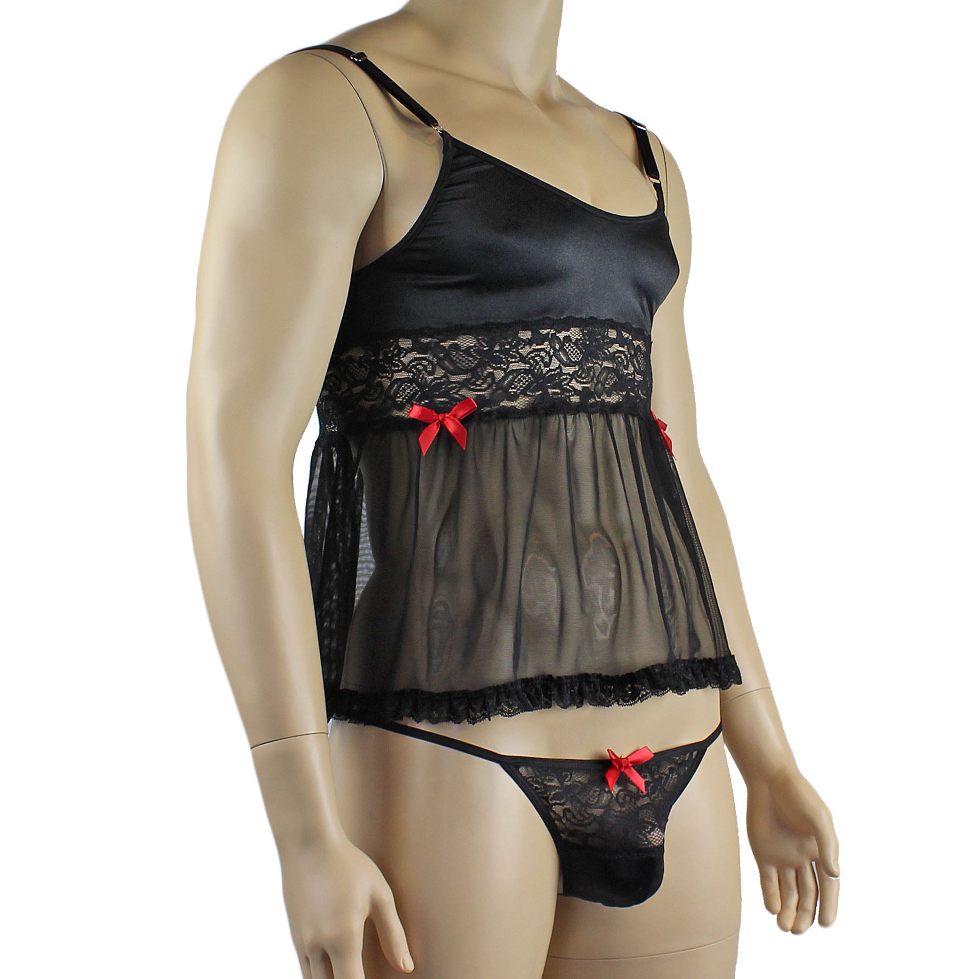 Mens Joanne Mini Babydoll Camisole & G string - Sizes up to 3XL Black and Black Lace