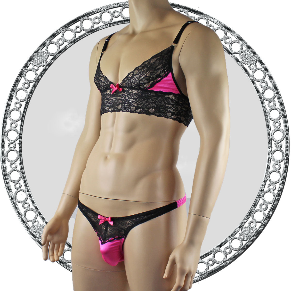 Mens Joanne Lace Bra Top Lingerie and Thong for Men Hot Pink and Black Lace