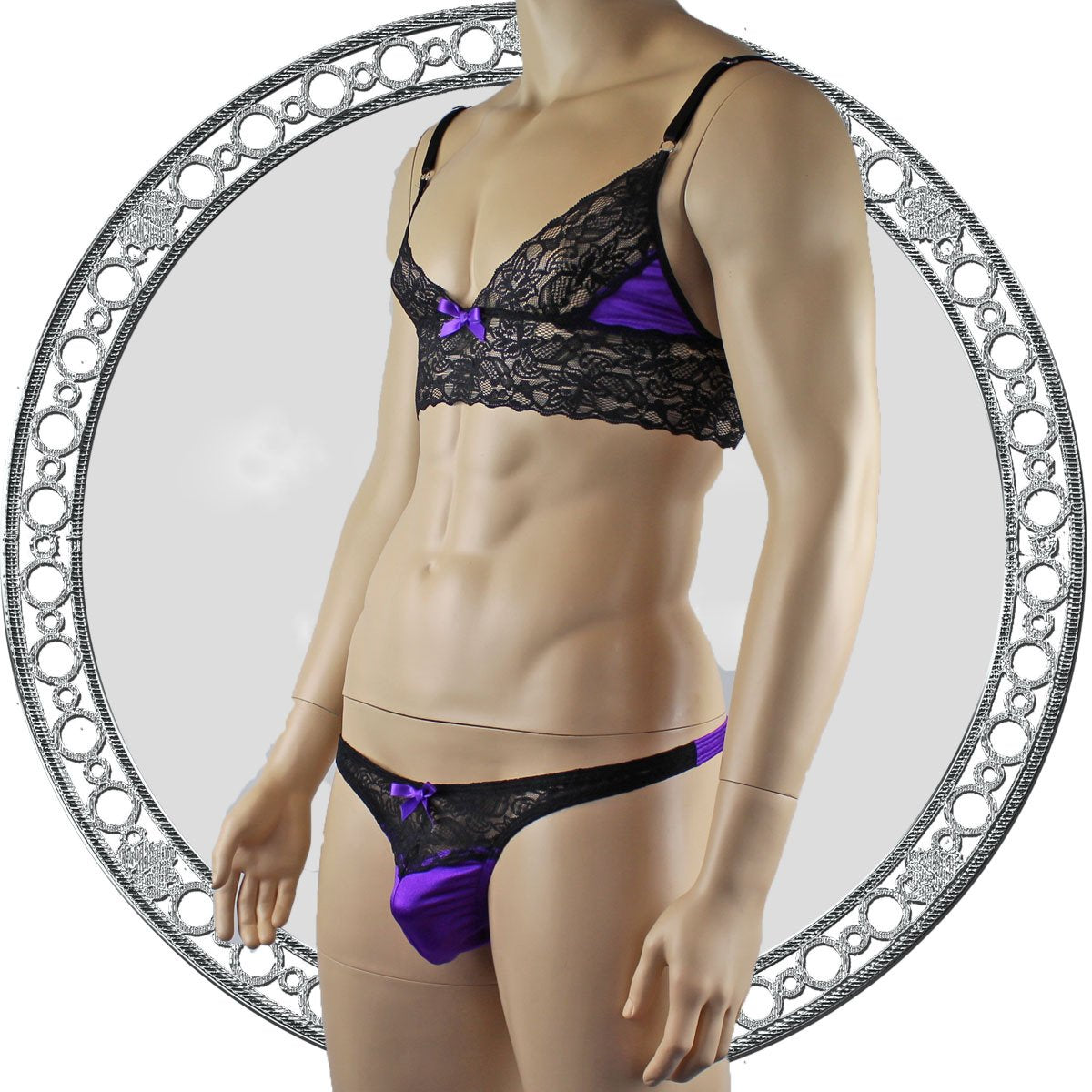 Mens Lace Bra Top Lingerie and Thong for Men Purple and Black