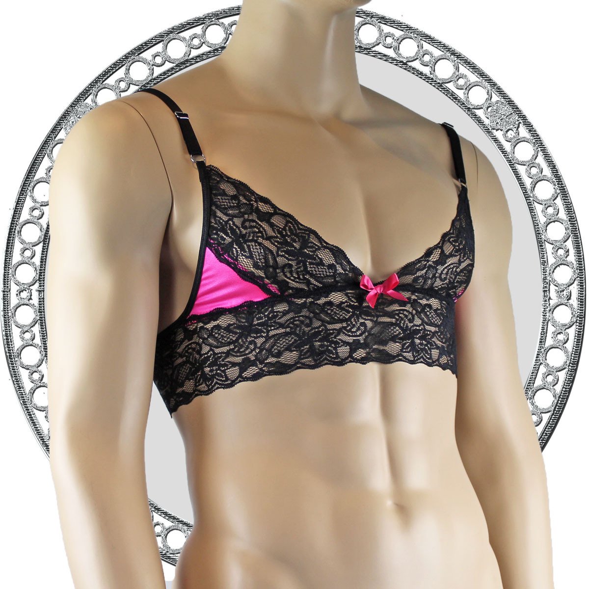 Mens Lace Bra Top Lingerie for Men Hot Pink and Black