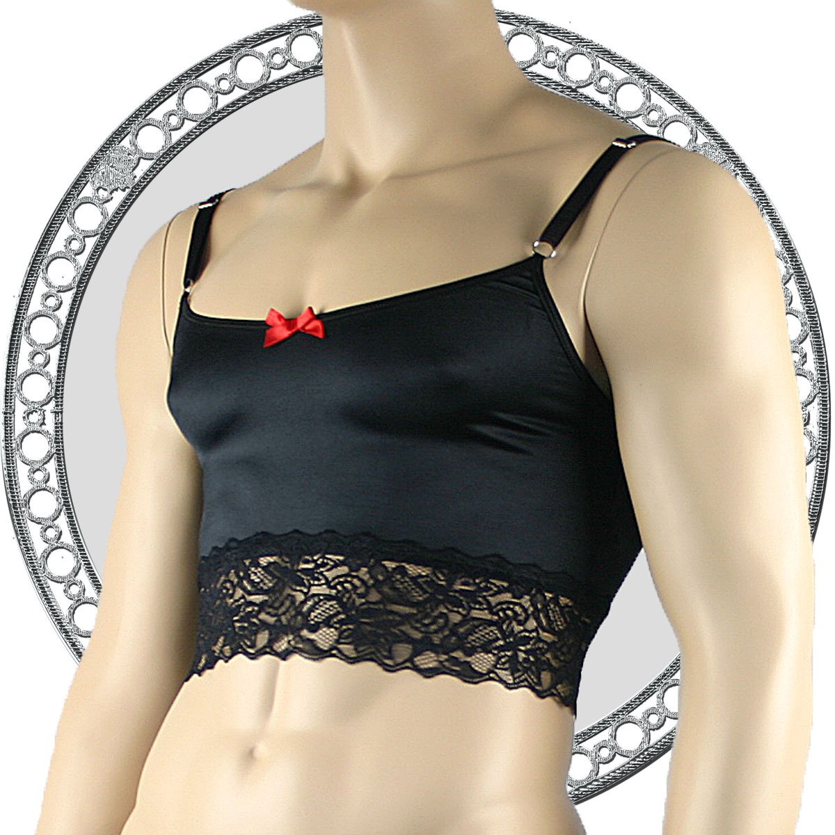 Mens Satin & Lace Crop Cami Top with Sexy Thong Black