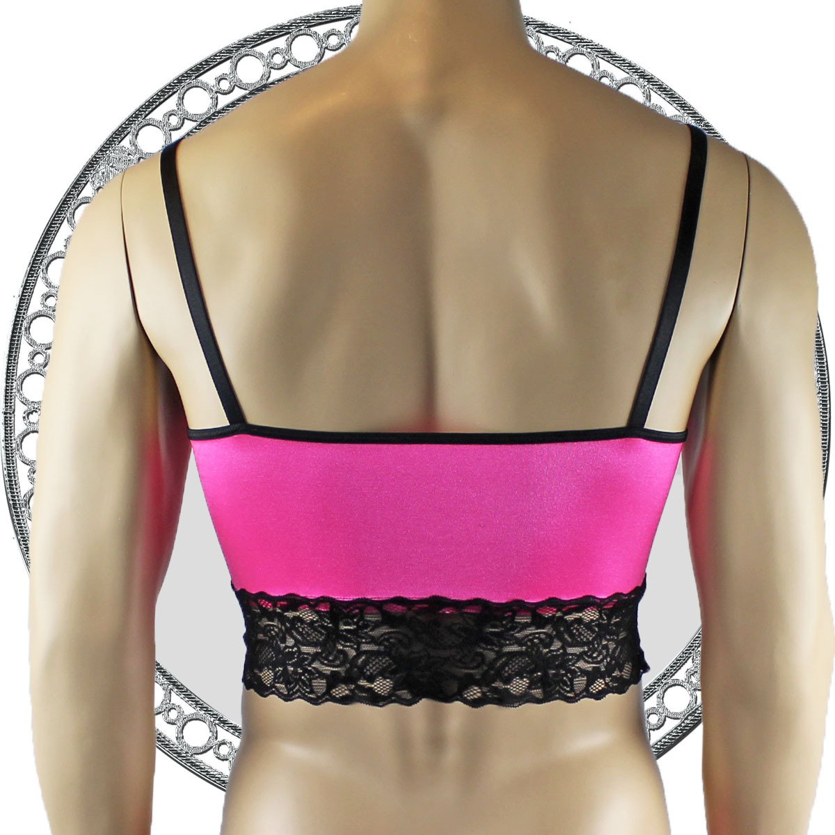 Mens Satin & Lace Crop Cami Top with Sexy Thong Hot Pink and Black