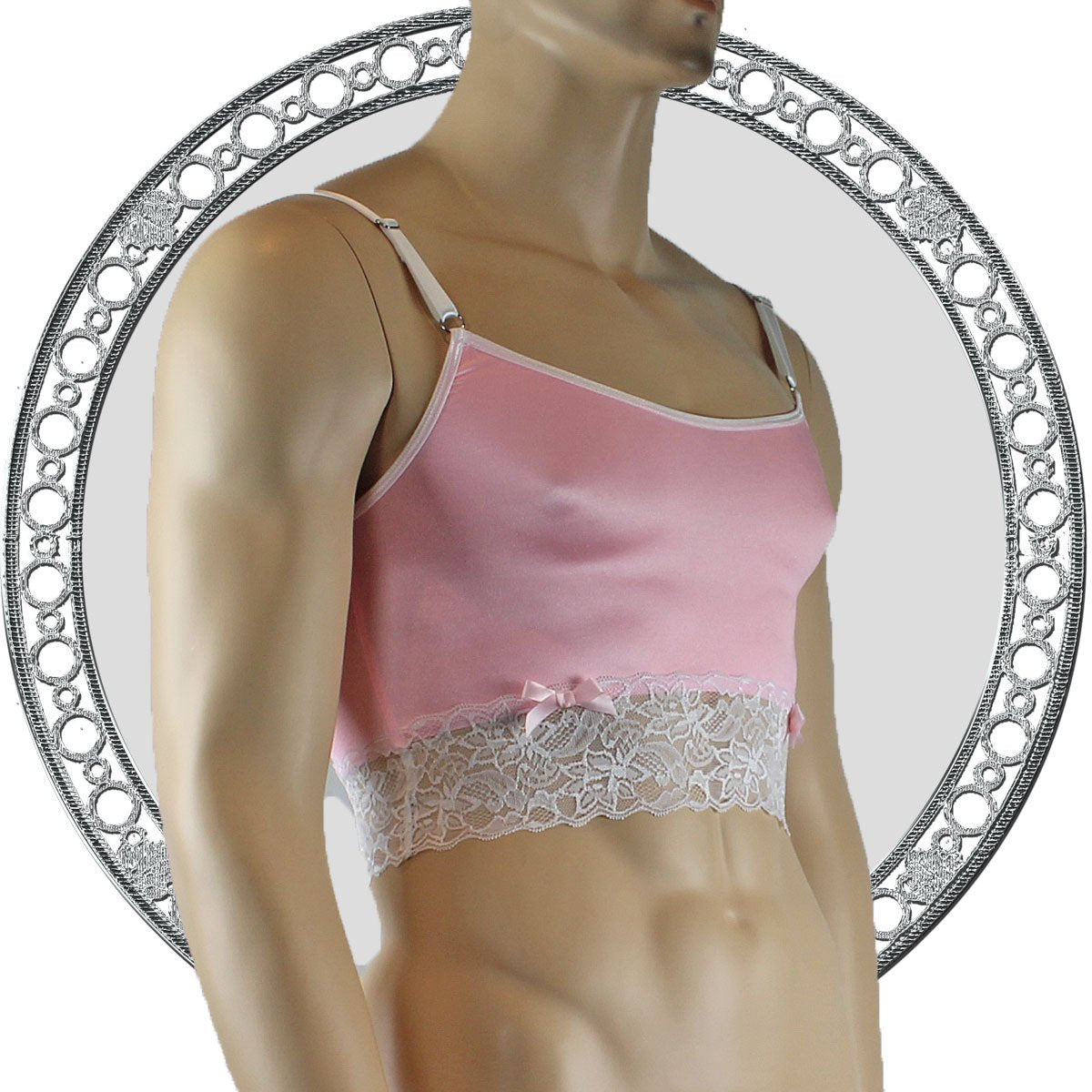 Mens Satin & Lace Crop Cami Top Pink and White
