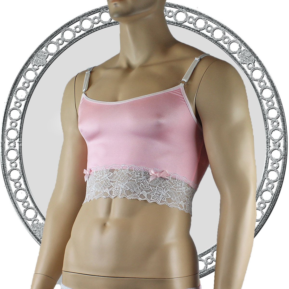 Mens Satin & Lace Crop Cami Top Pink and White