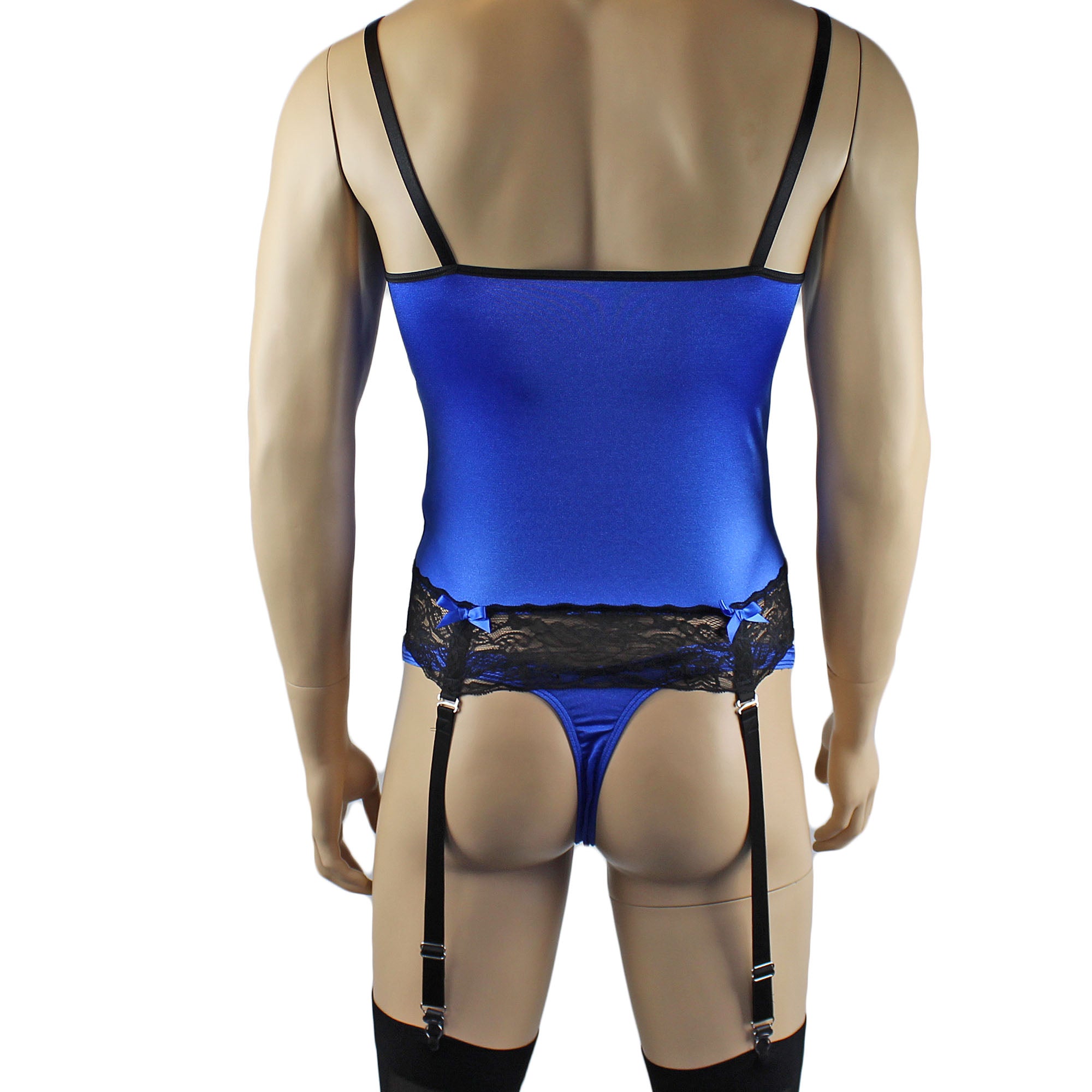 Mens Joanne Camisole Bustier Garter Top with Thong & Stockings Sizes up to 3XL Blue and Black Lace