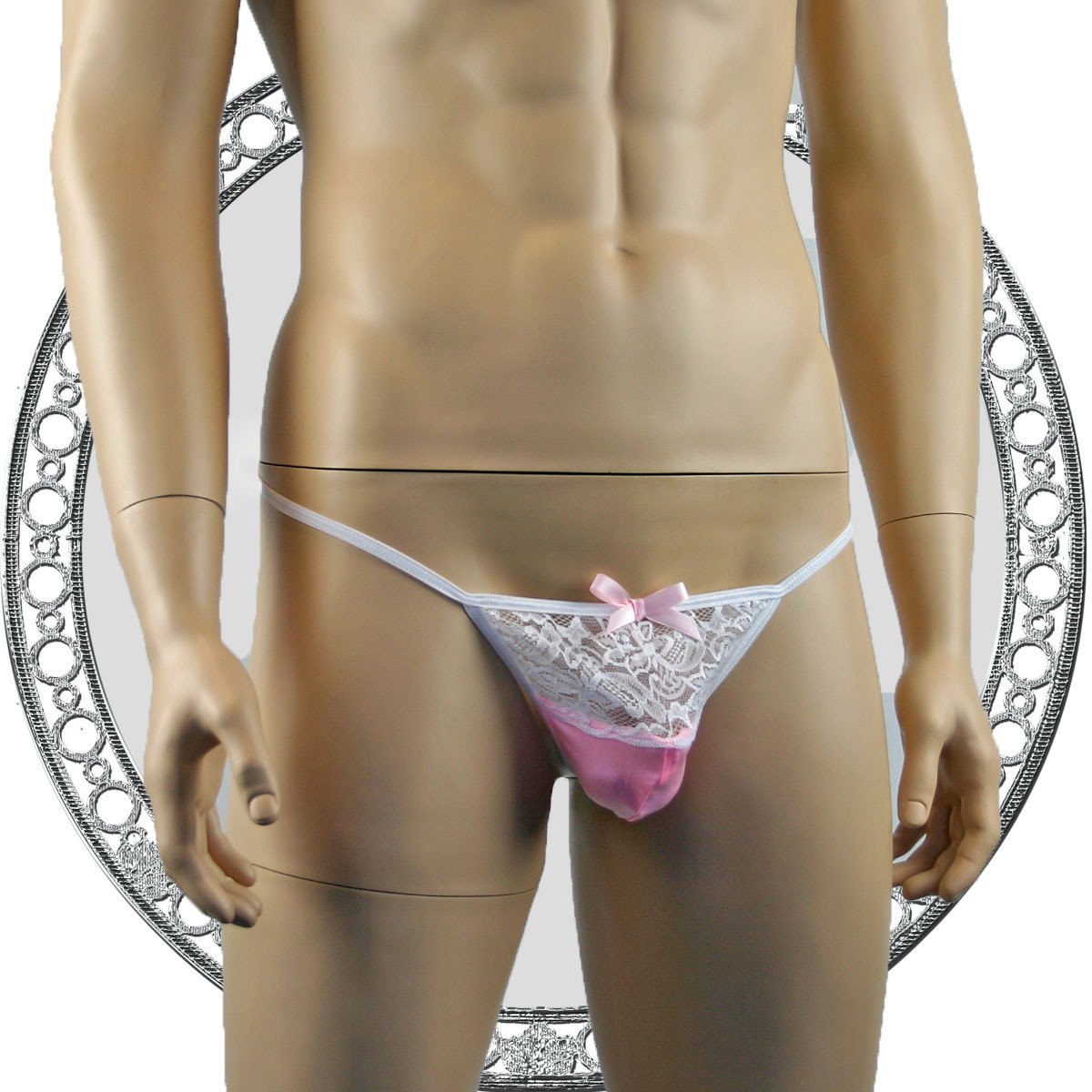 Mens Lacey G string with Bow Pink & White