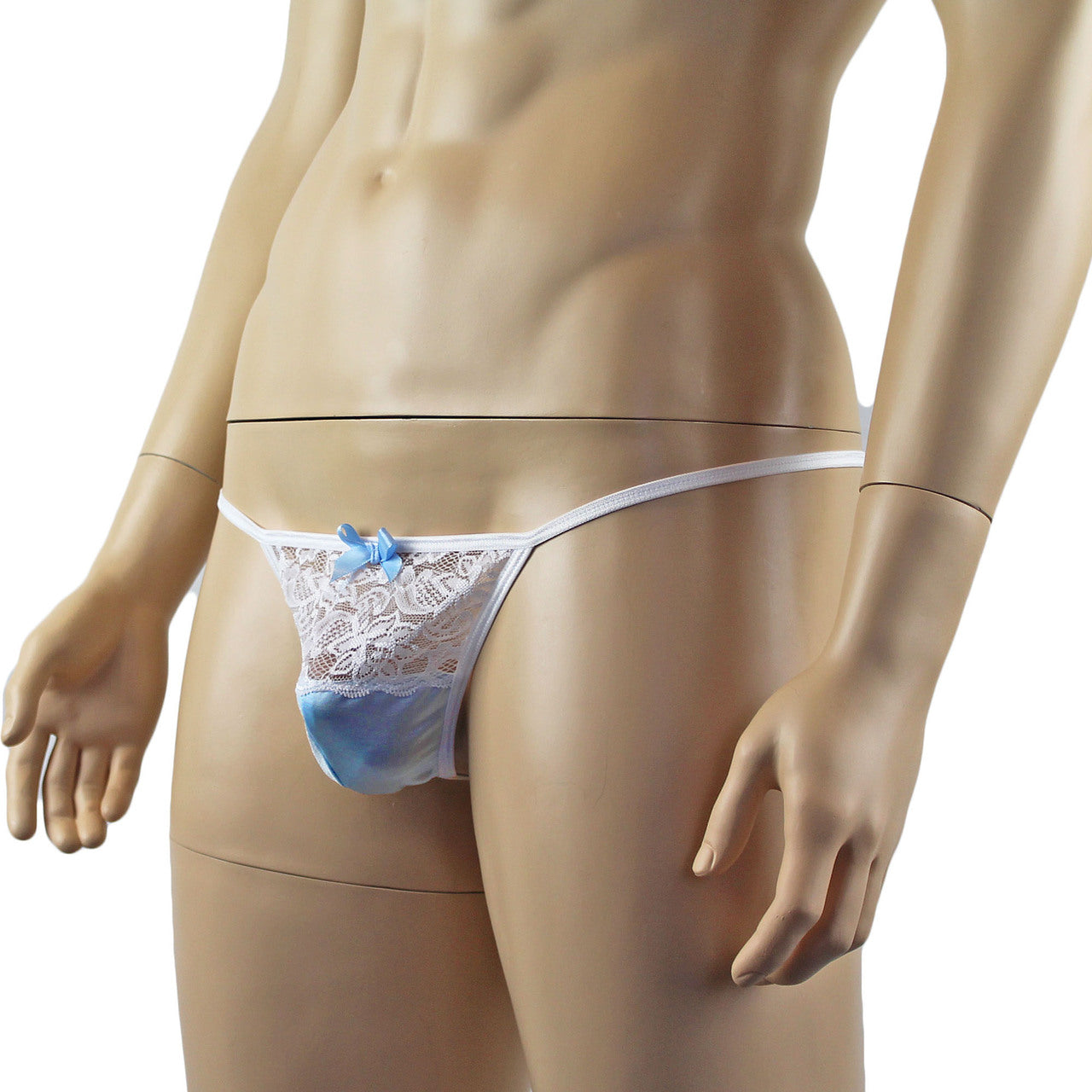 Mens Joanne Lacey G string with Bow Light Blue and White Lace