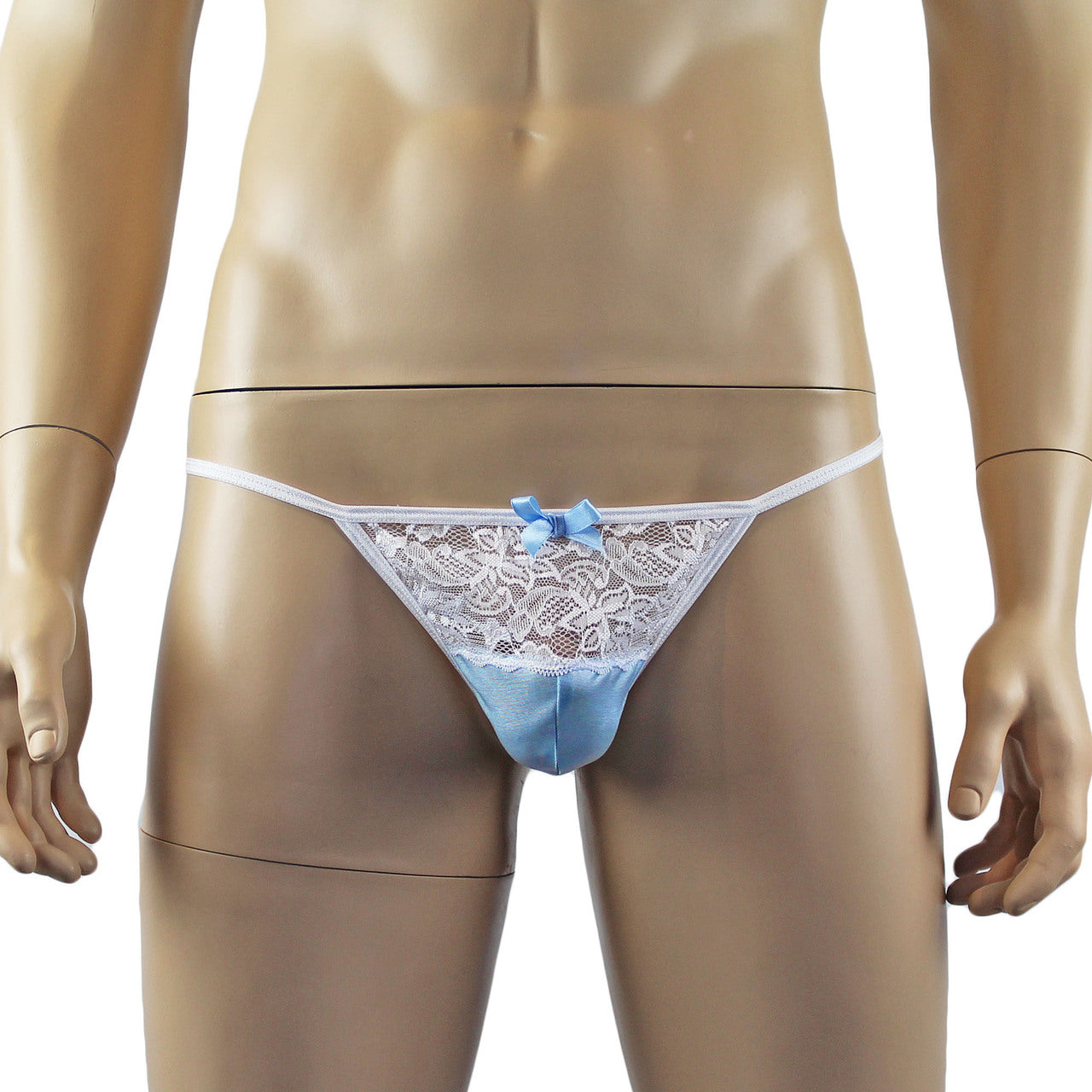 Mens Joanne Lacey G string with Bow Light Blue and White Lace