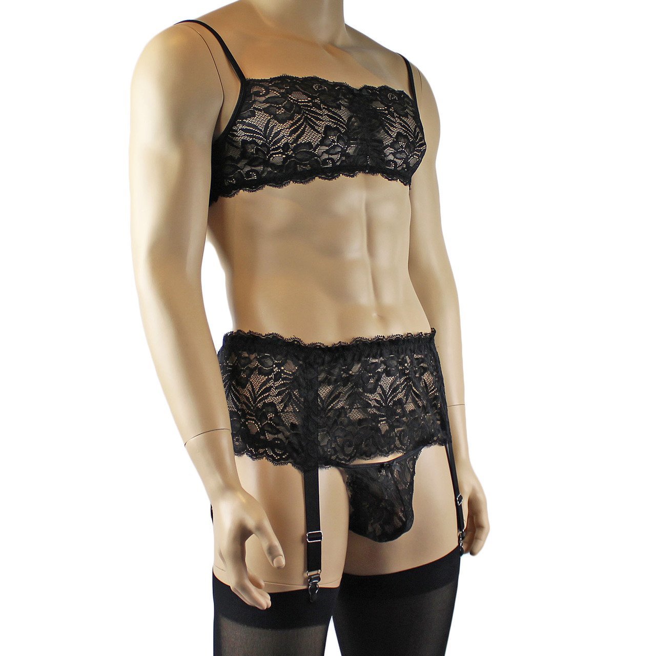 Mens Sexy Lace Bra, Pouch G string, Garterbelt & Stockings (black plus other colours)