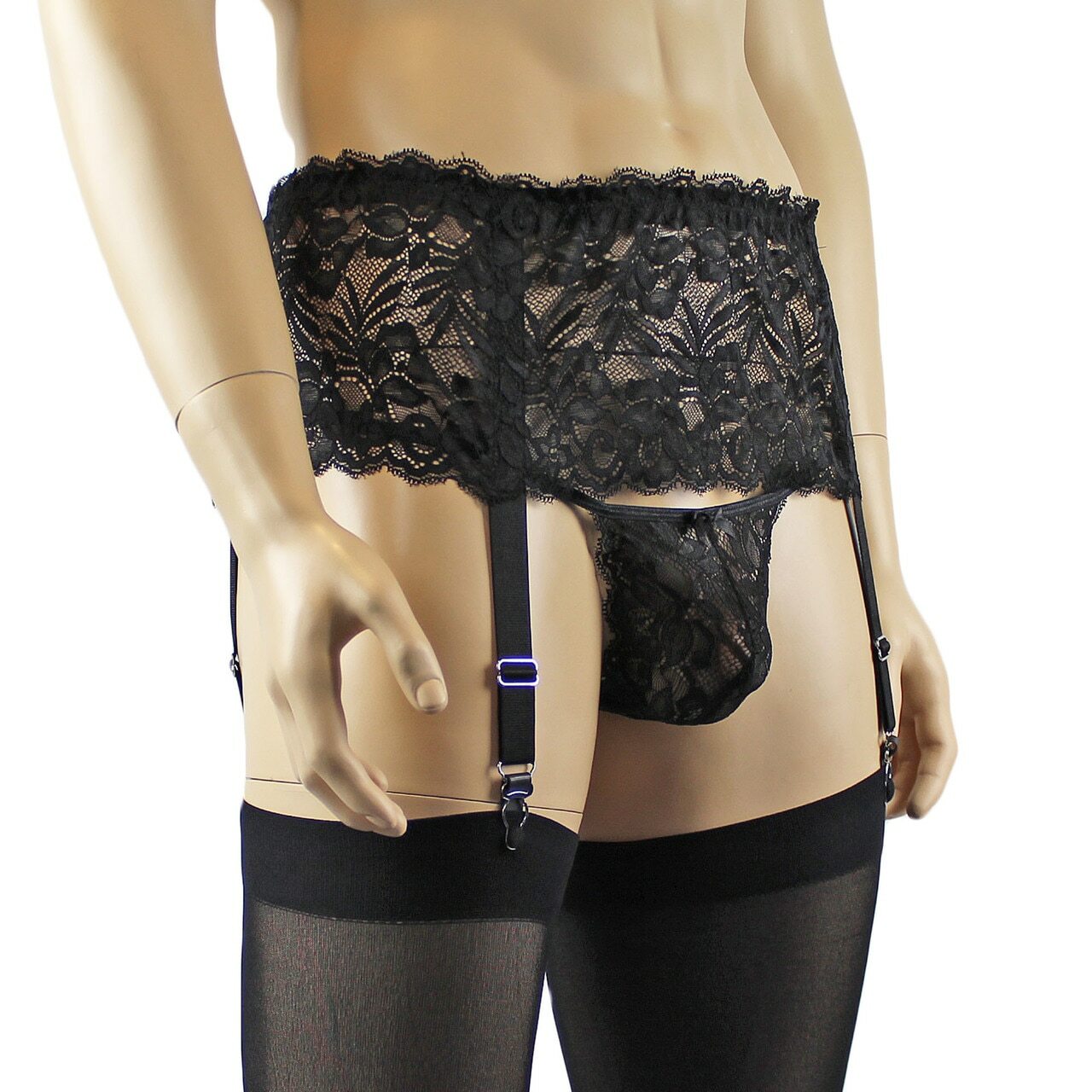 Mens Sexy Lace Pouch G string, Garterbelt & Stockings (black plus other colours)