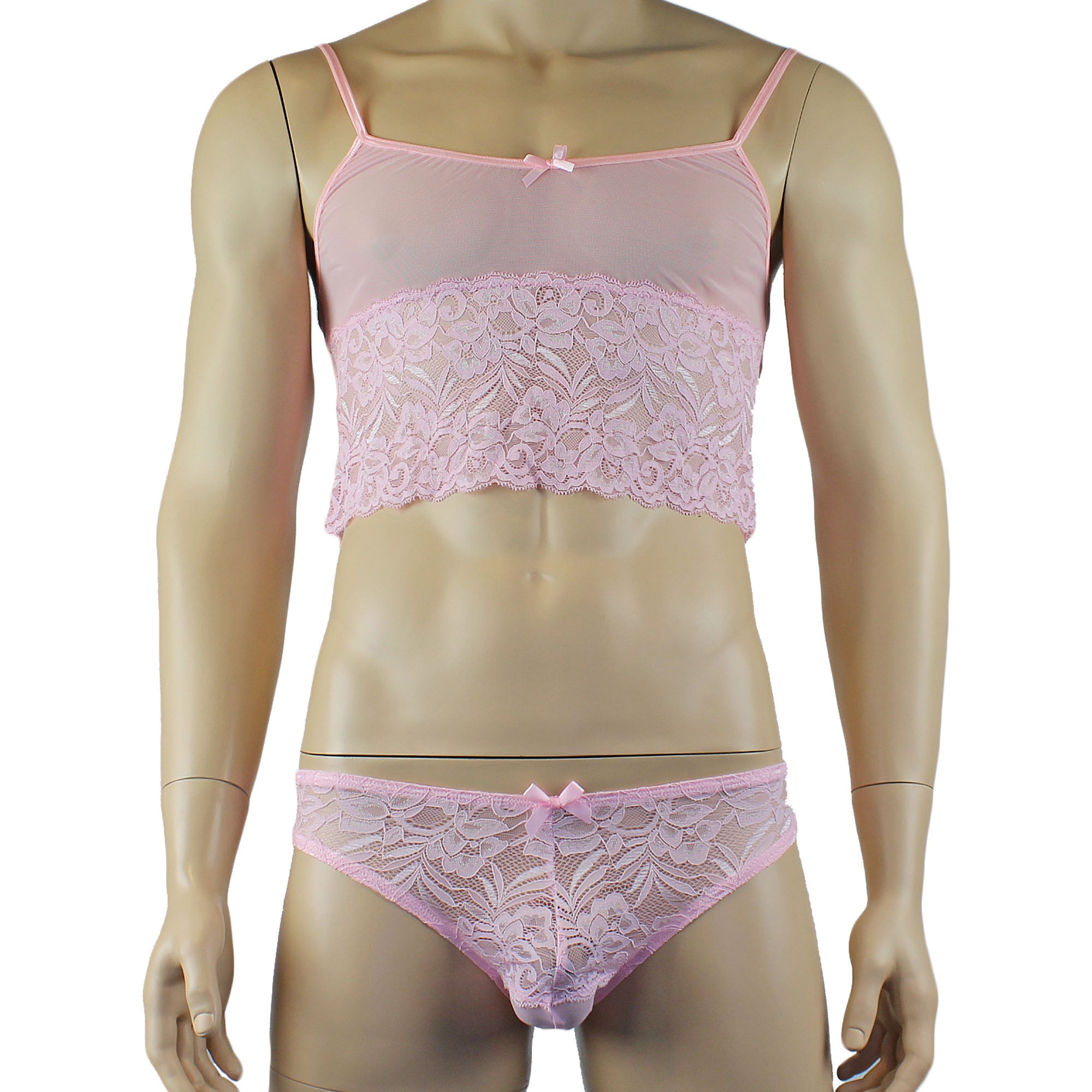 Mens Kristy Sexy Lace Camisole Bra Top and Bikini Brief Light Pink