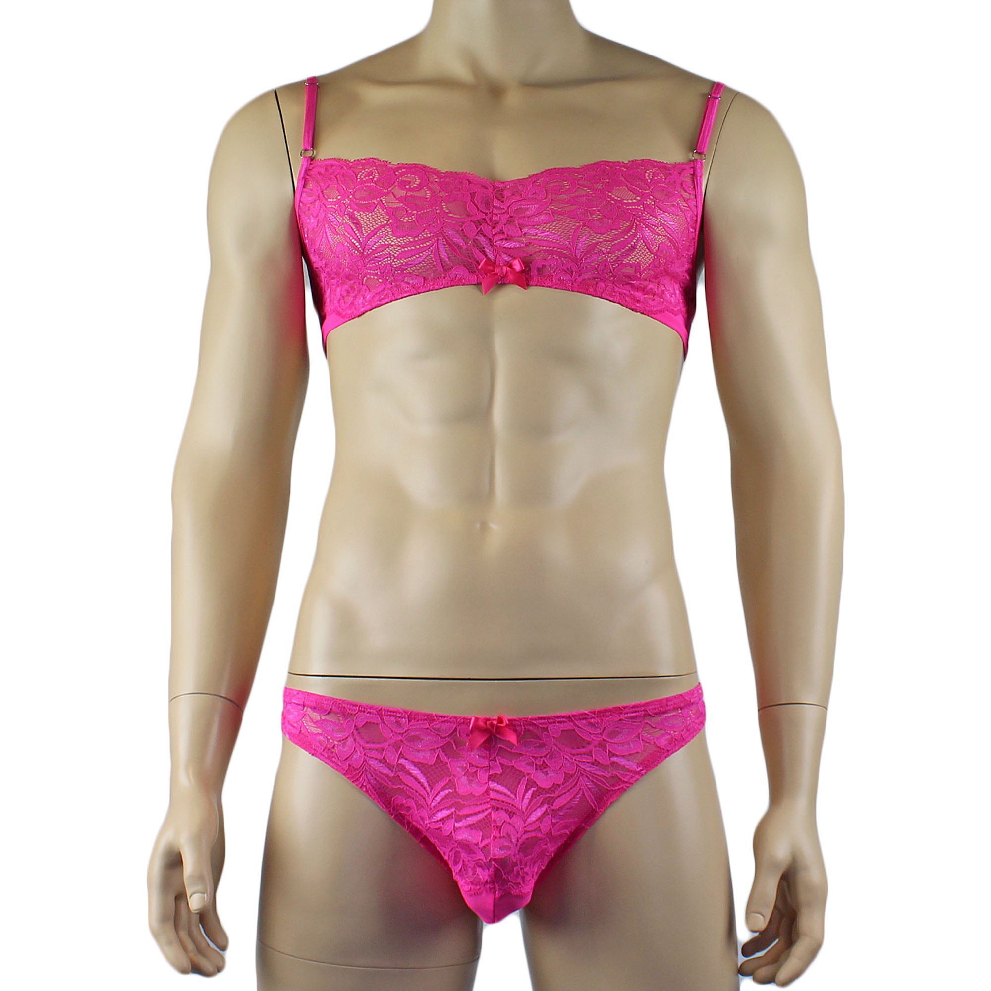 Mens Kristy Lace & Mesh Bra Top and Thong Panty Hot Pink