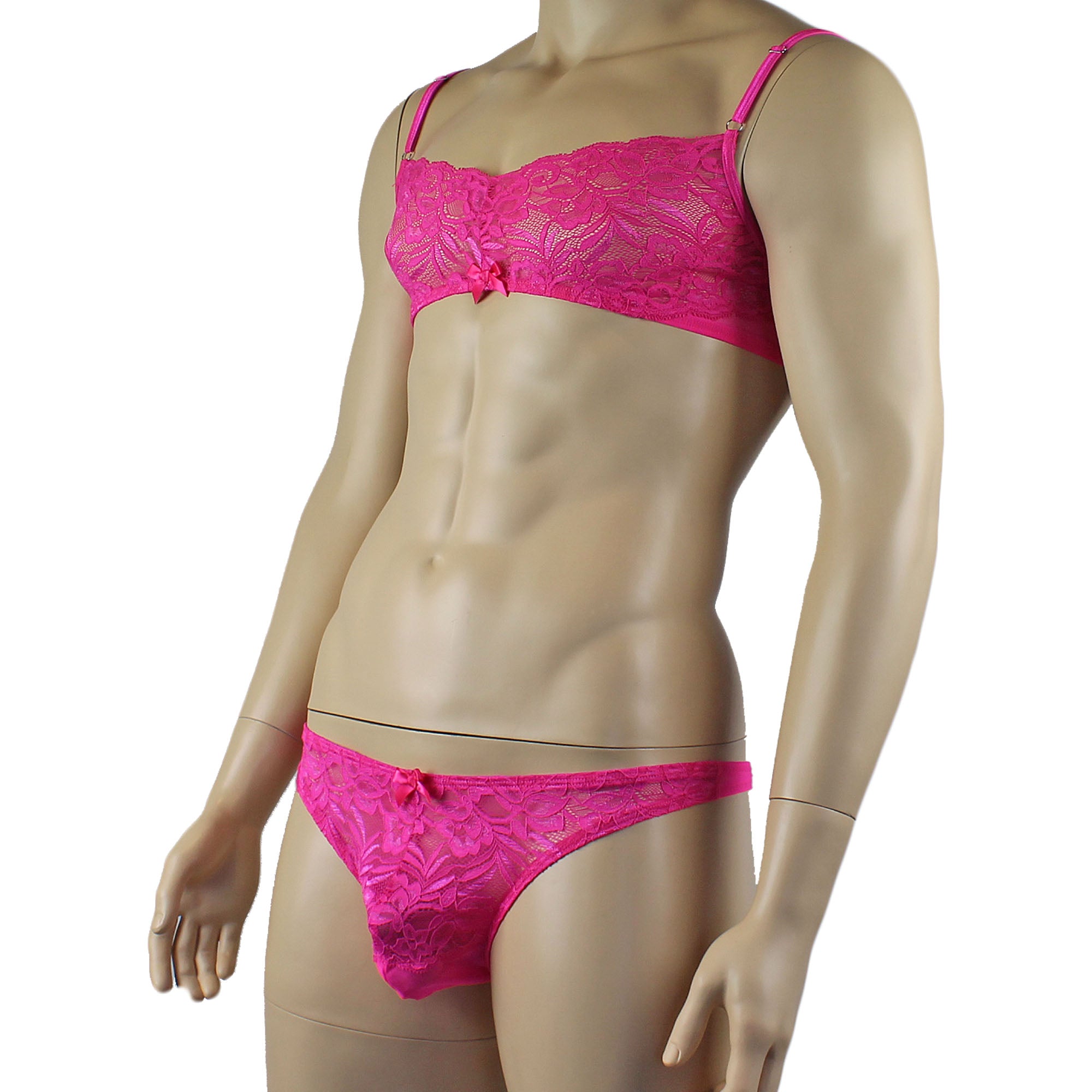 Mens Kristy Lace & Mesh Bra Top and Thong Panty Hot Pink