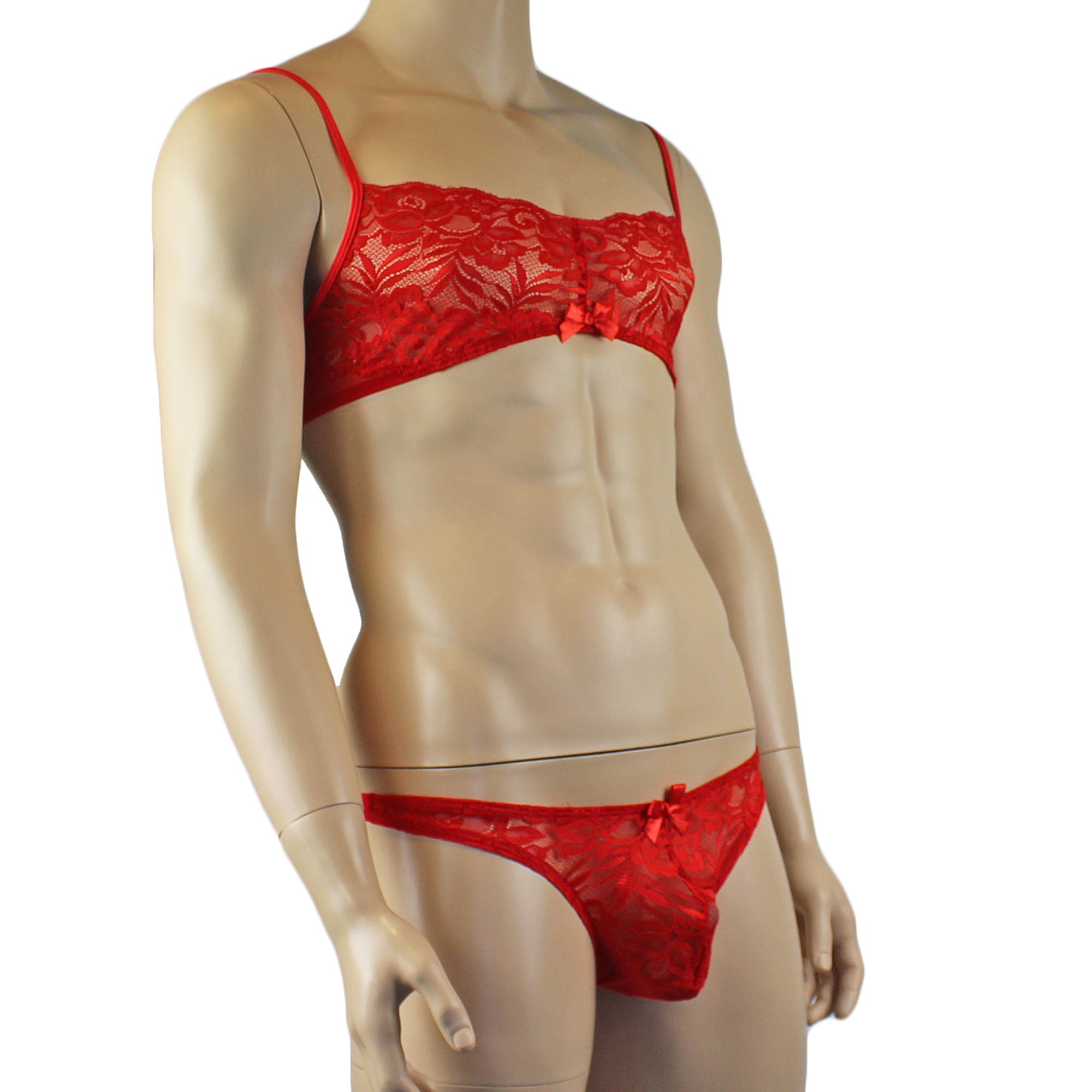 Mens Kristy Lace & Mesh Bra Top and Thong Panty Red