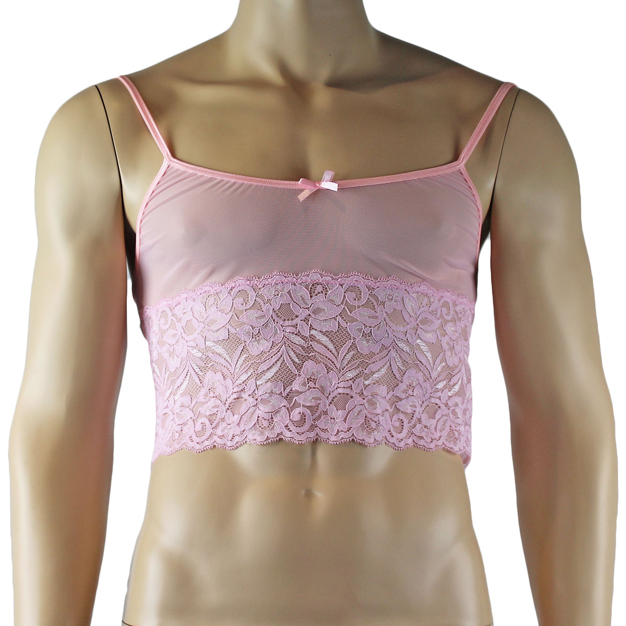 Mens Kristy Sexy Lace Camisole Bra Top and Bikini Brief Light Pink