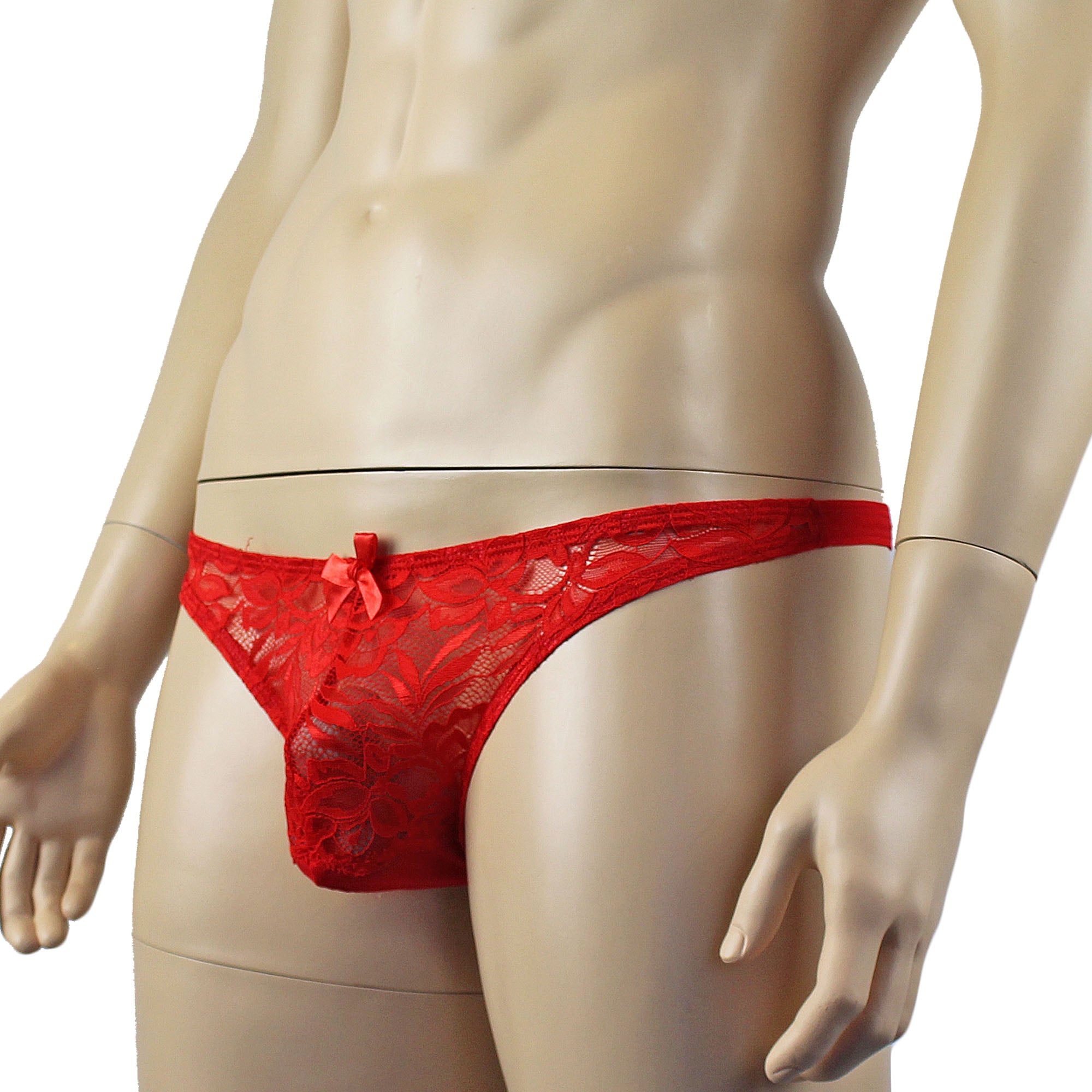 Mens Kristy Sexy Lace Thong Panties with Stretch Mesh Back Red