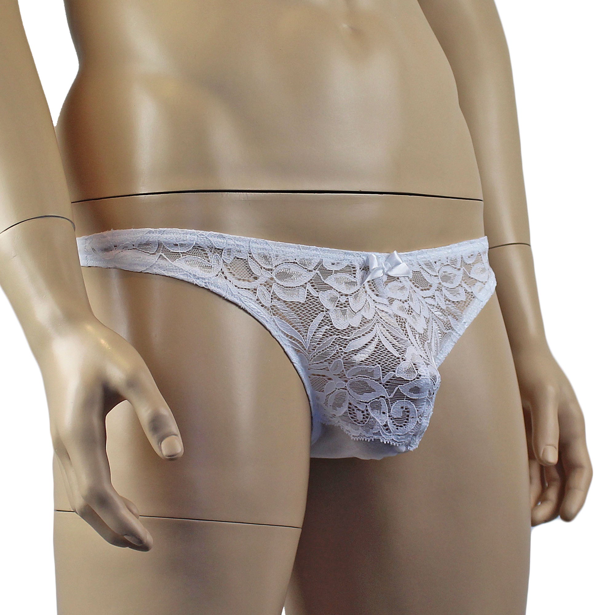 Mens Kristy Sexy Lace Thong Panties with Stretch Mesh Back White