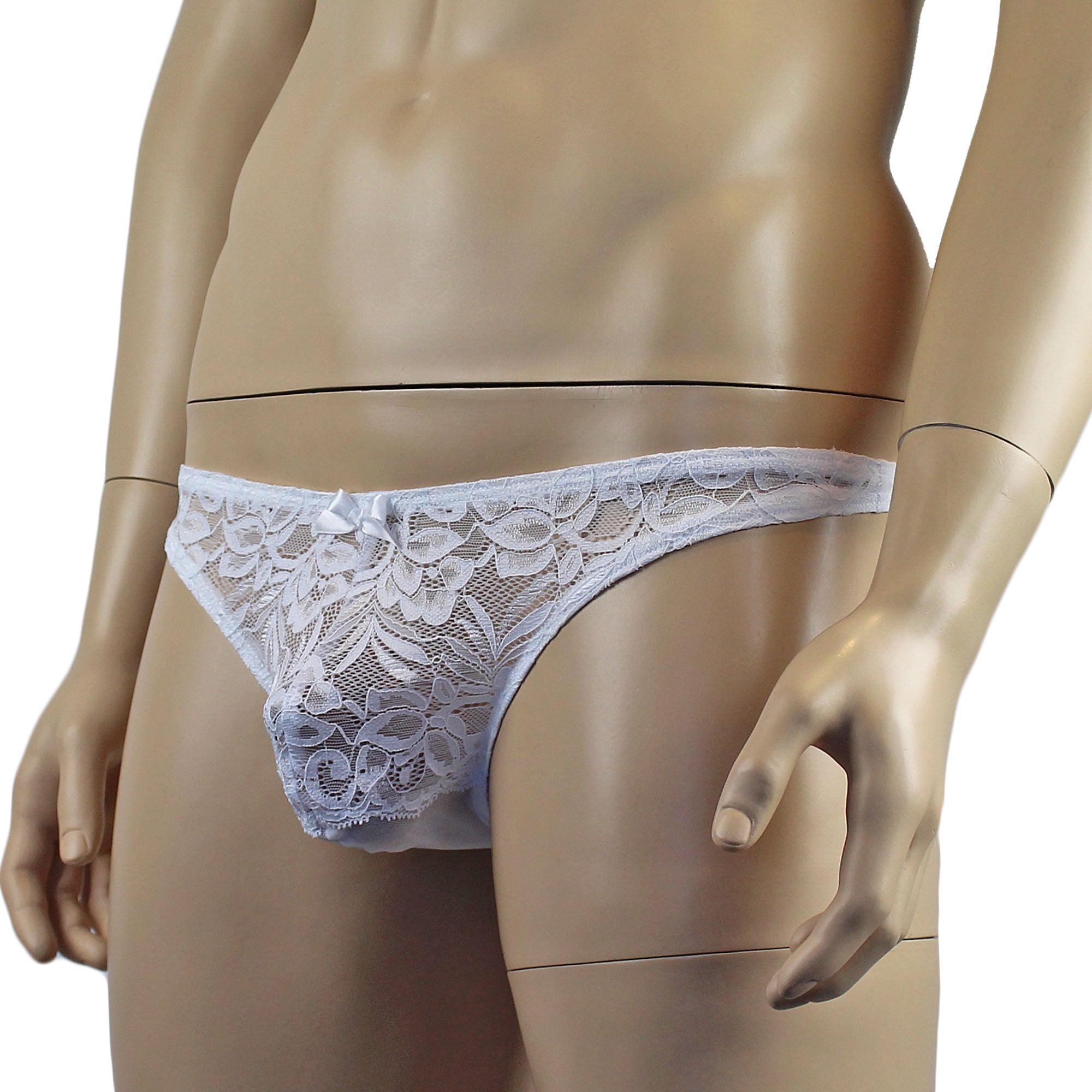 Mens Kristy Sexy Lace Thong Panties with Stretch Mesh Back White
