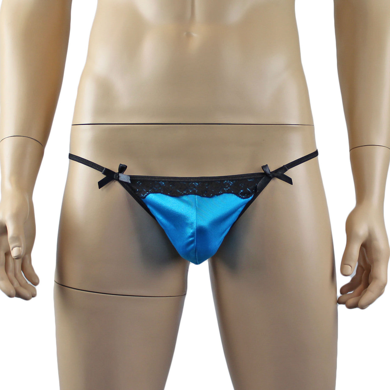 Mens Lucy Feminine Satin, Lace and Bow Pouch G string Turquoise and Black