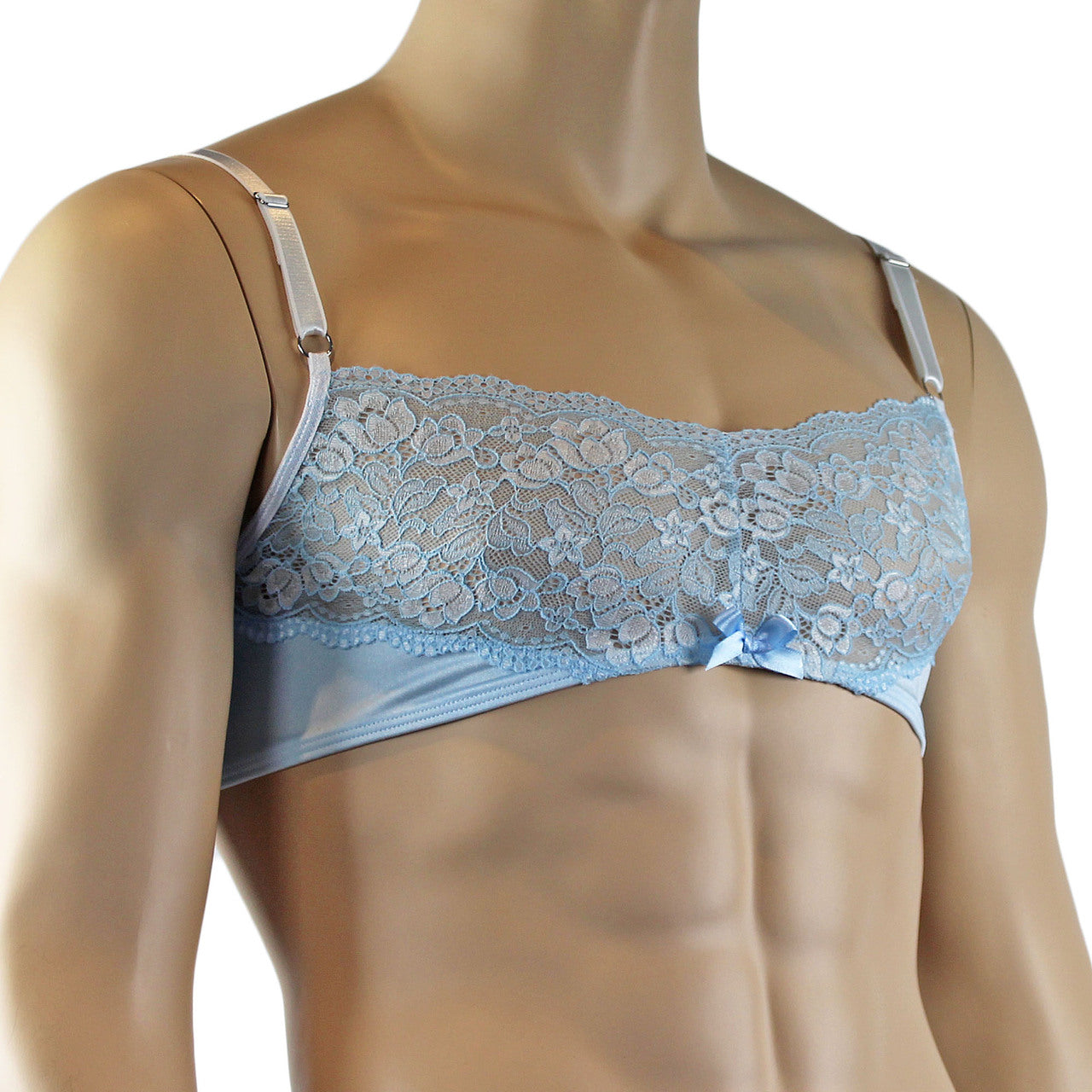 Mens Luxury Bra Top with Beautiful Lace Male Lingerie Light Blue