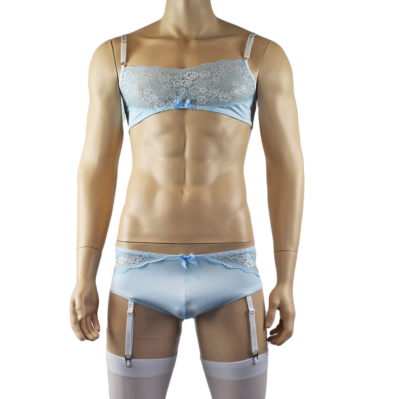 Mens Luxury Bra Top and Boxer Brief with Garters & Stockings Light Blue