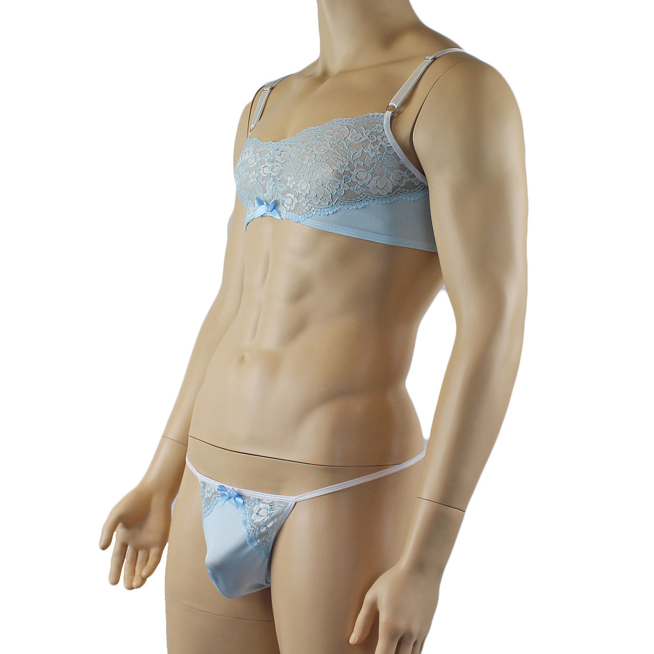 Mens Luxury Spandex & Lace Bra Top and G string Light Blue